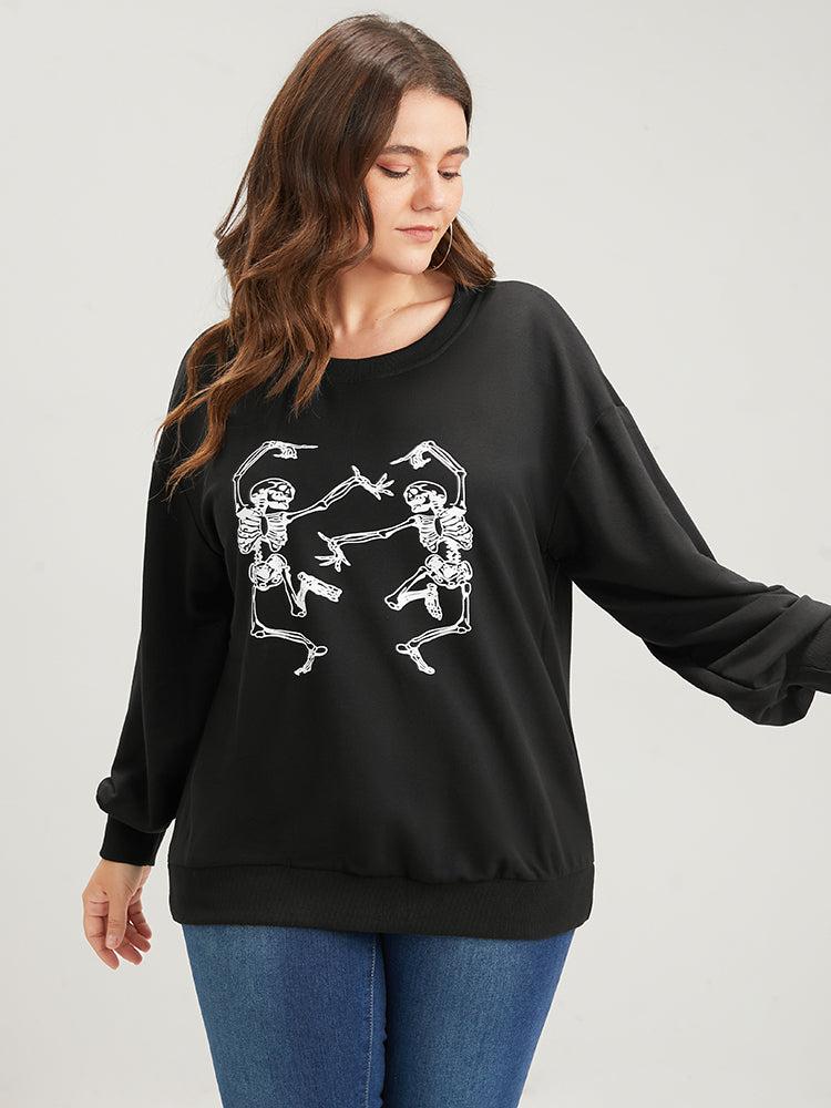 Halloween Solid Skull Print Drop Shoulder Sweatshirt Female Product Image