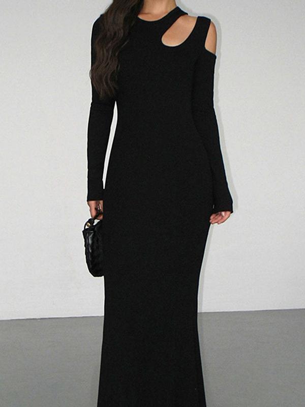 Long Sleeves Skinny Hollow Solid Color Cold Shoulder Maxi Dresses Product Image