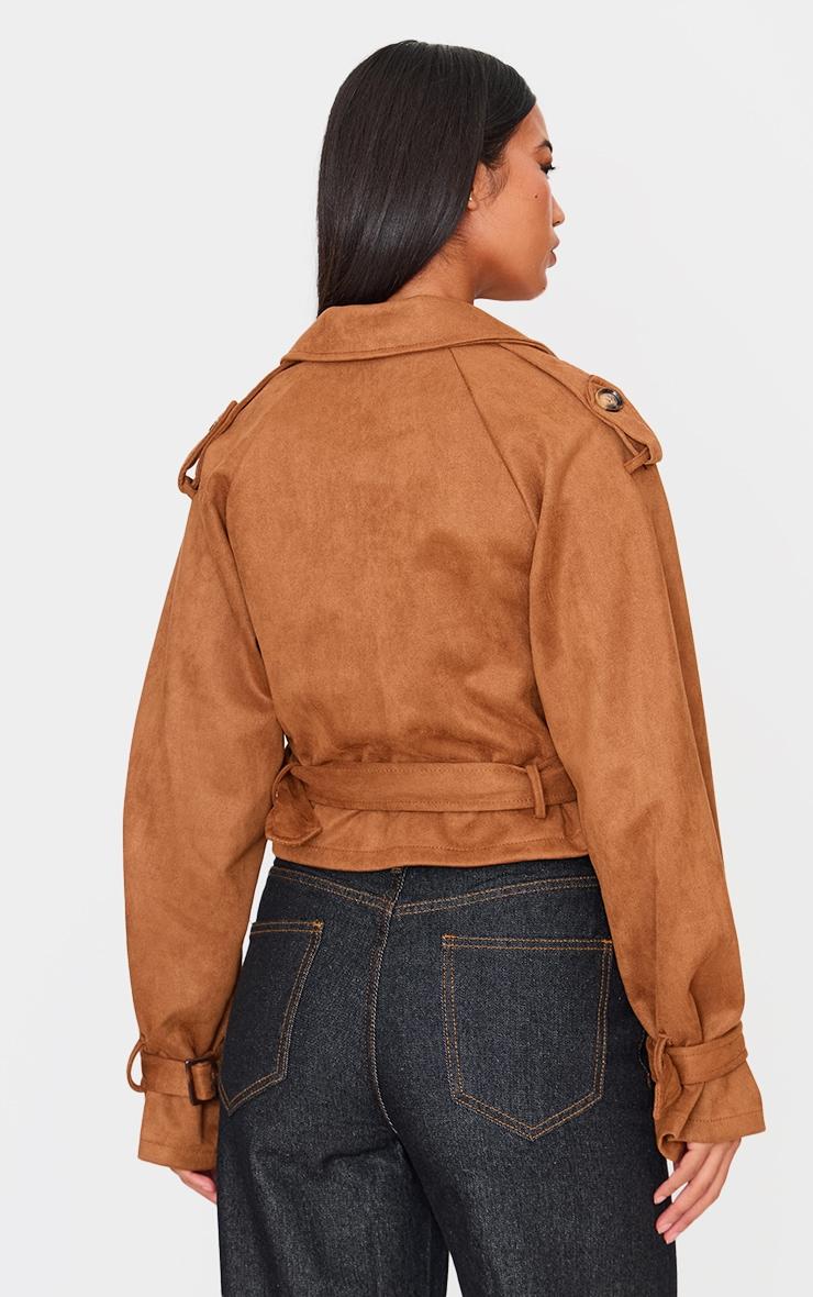Tan Cropped Faux Suede Belted Trench Coat Product Image