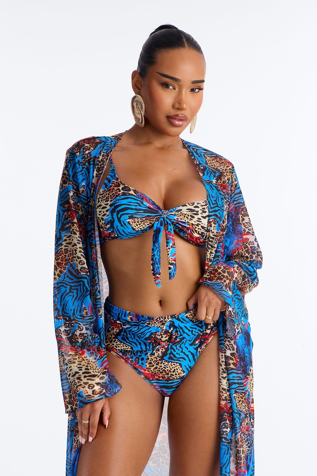 Unstoppable Wild Paradise Animal Front Tie Ruching High Waist Midi 3 Piece Bikini Komono Set - Blue/combo Female Product Image