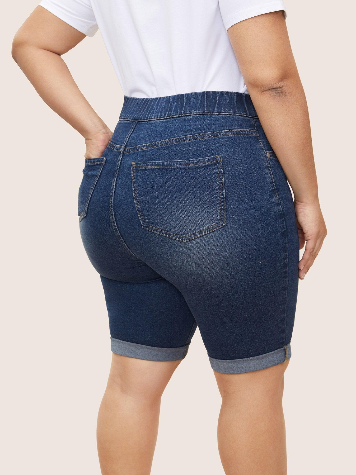 Roll Hem Elastic Waist Dark Wash Denim Shorts Female Product Image