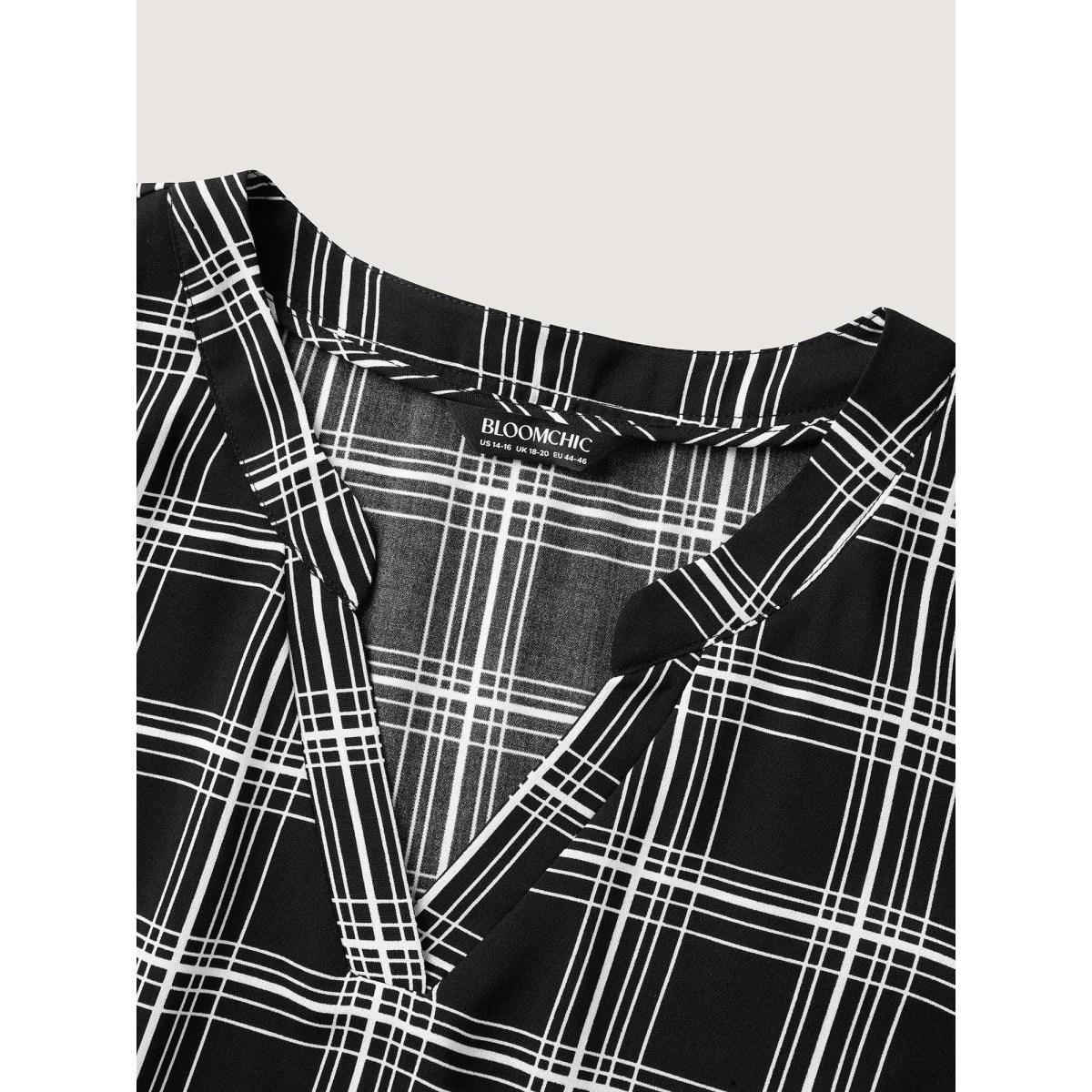 Plus Size Black Plaid Print Tab Sleeve Notched Blouse Women Elbow-length sleeve Flat collar with V-notch Work Blouses BloomChic 26/4X Product Image