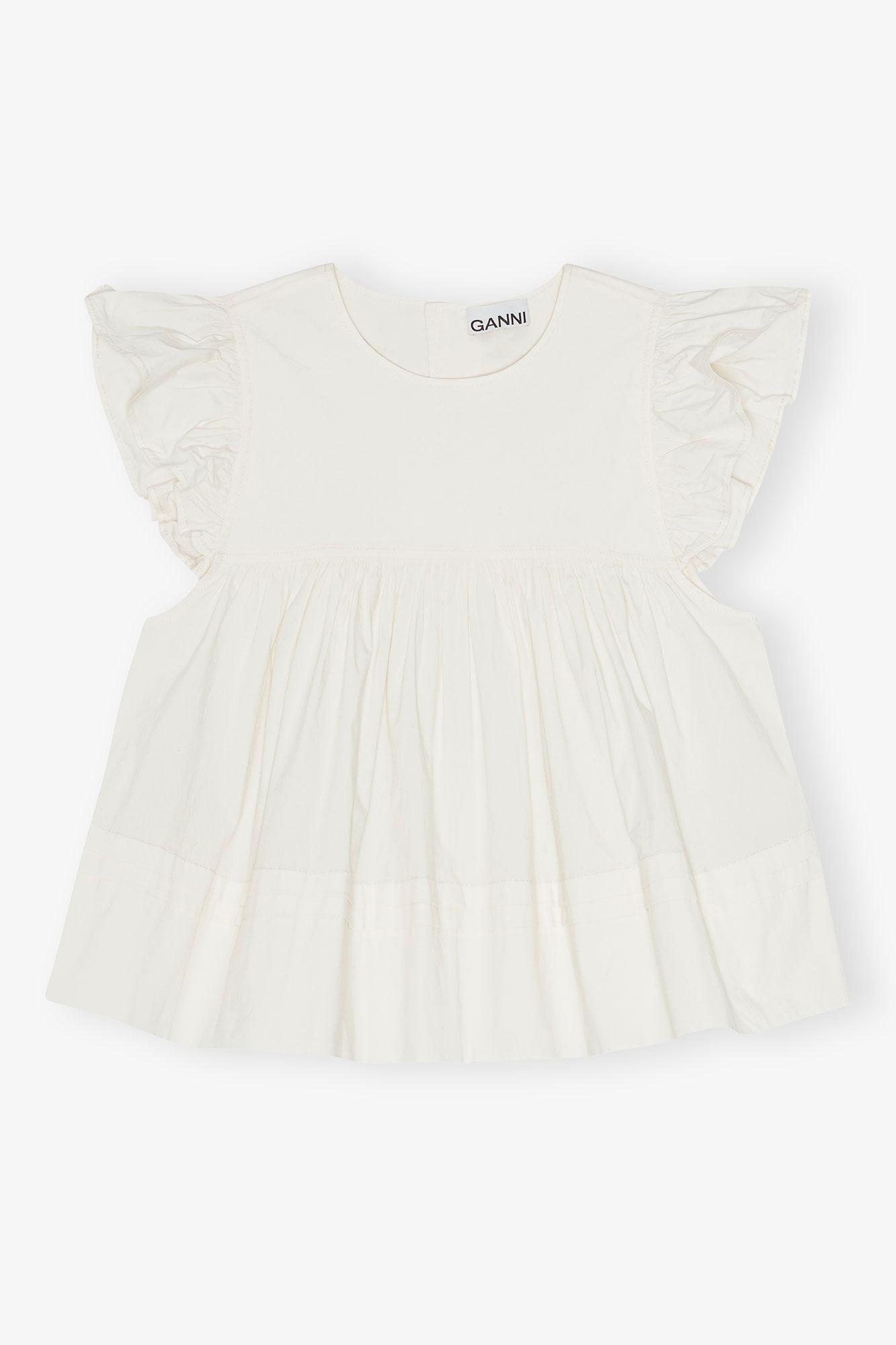 White Stretch Cotton Frill Sleeve Top Product Image