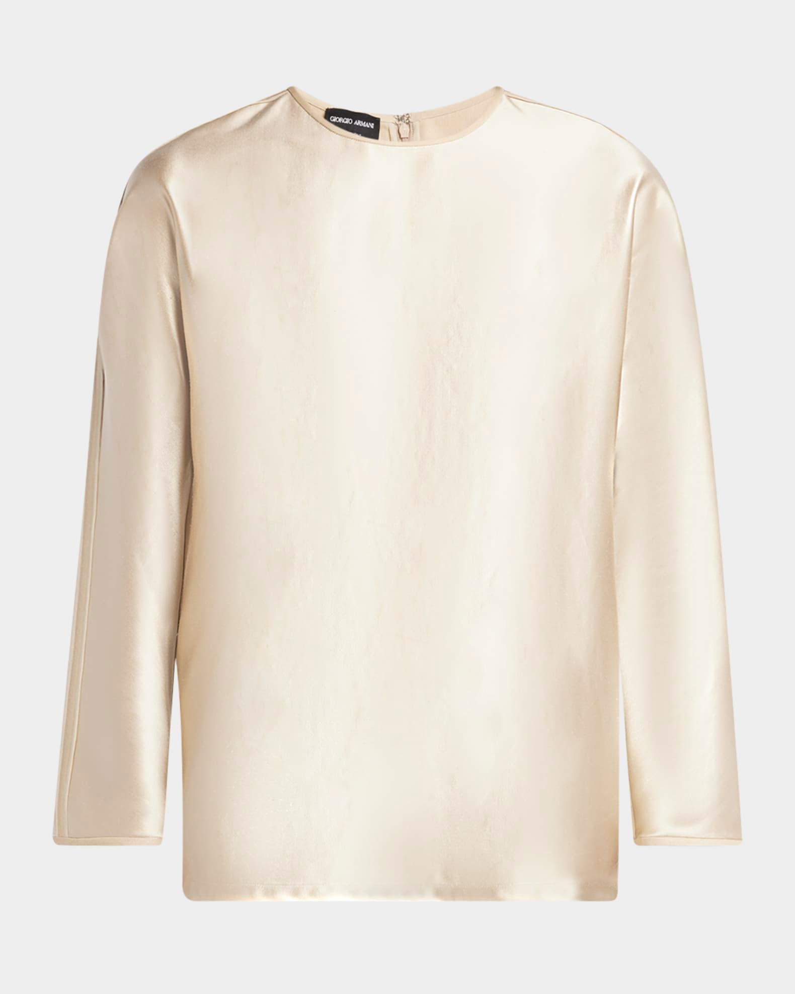 Tonal Piping Long-Sleeve Silk Blouse Product Image