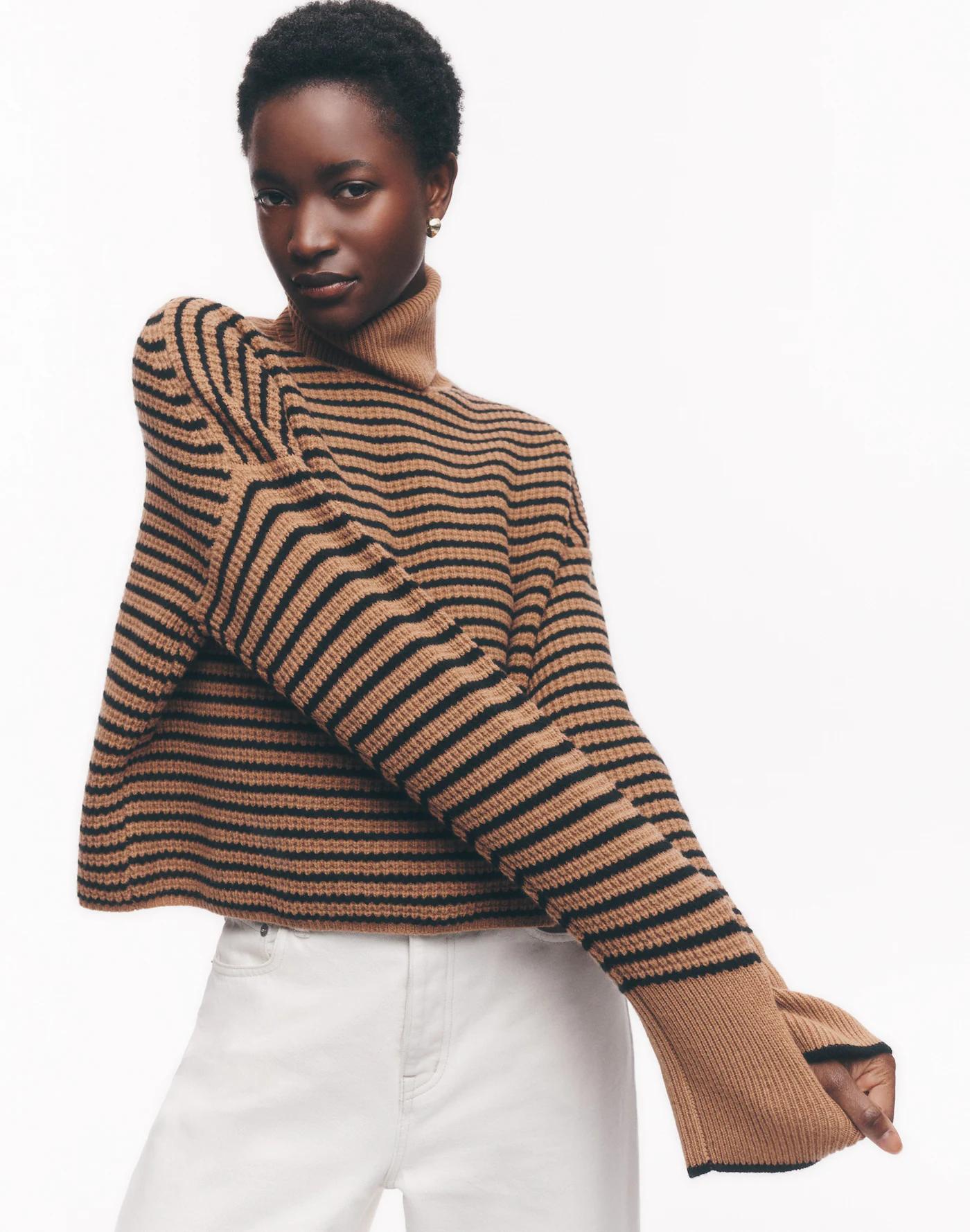 Wool Waffle-Knit Turtleneck in Stripe Product Image