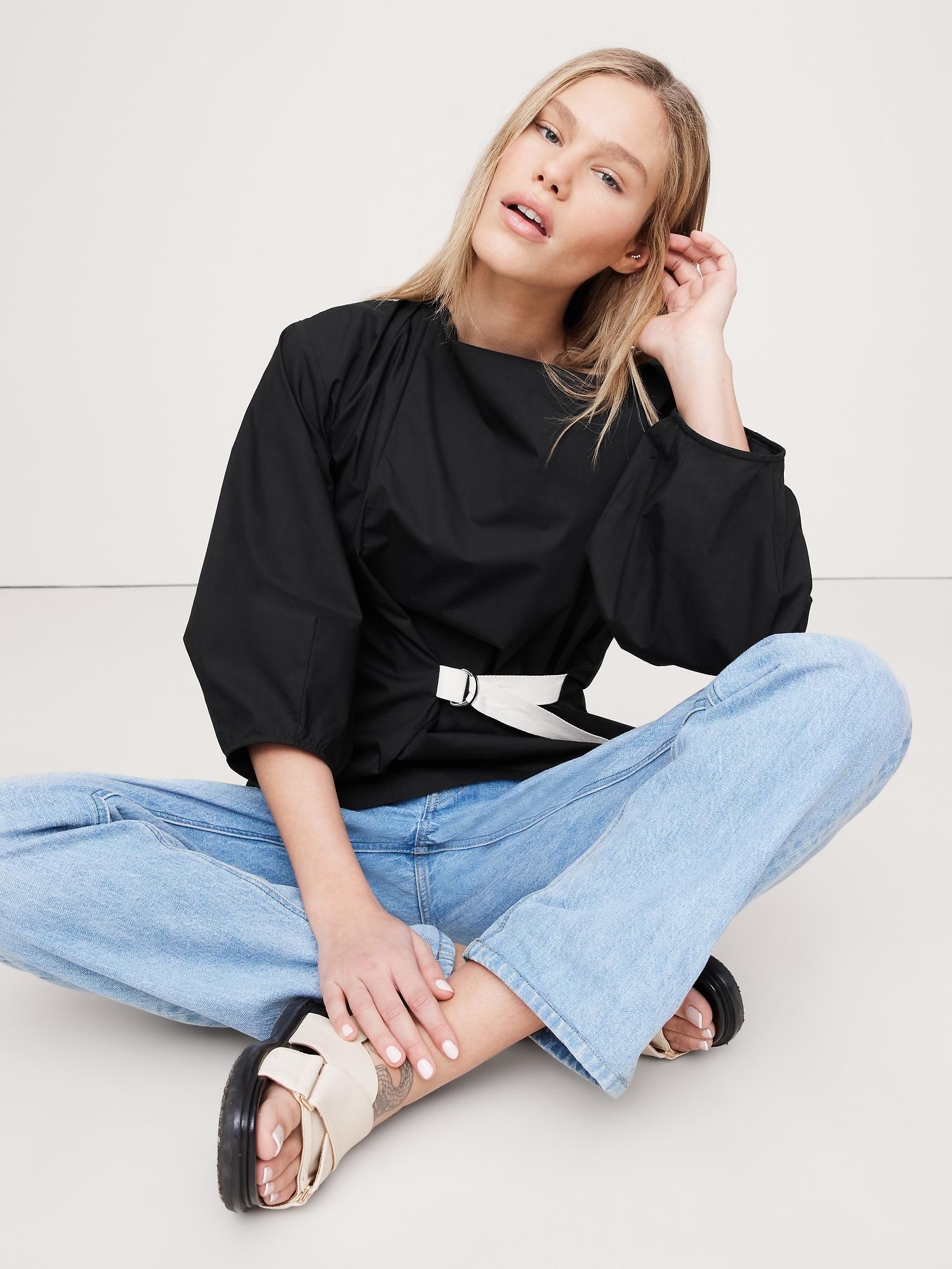 Reversible Cotton Poplin Cowl-Neck Tie-Waist Top Product Image