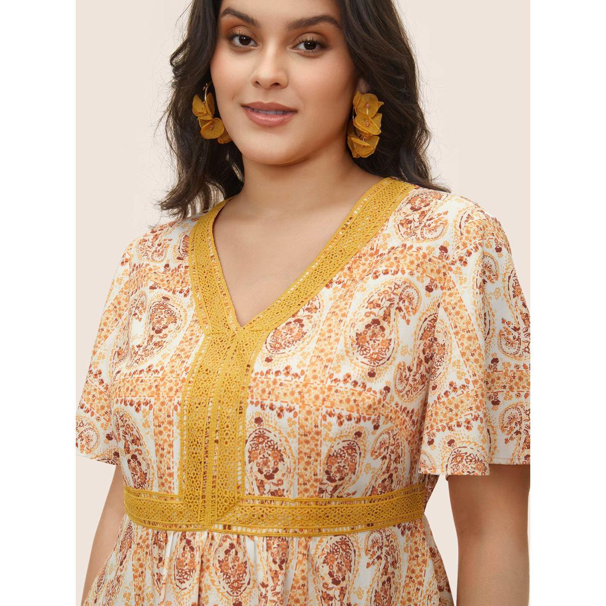 Plus Size Orange Boho Print Lace Trim Gathered Blouse Women Resort Short sleeve V-neck Vacation Blouses BloomChic 22-24/3X Product Image