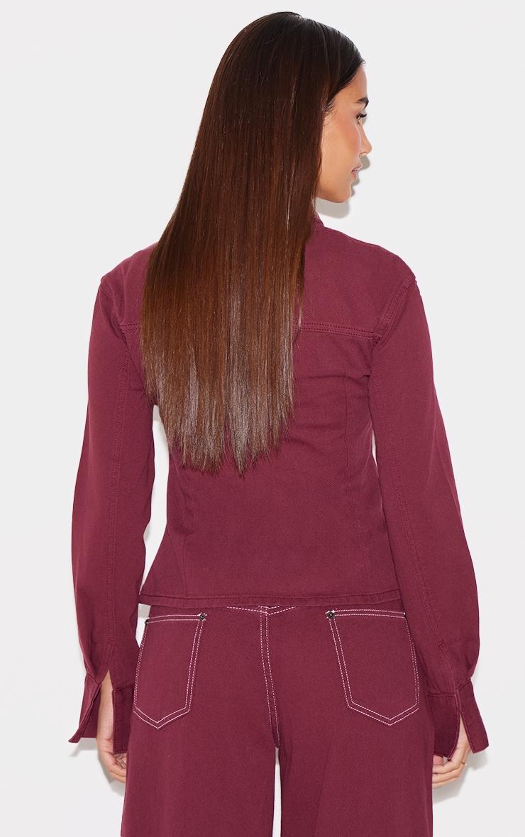 Burgundy Long Sleeve Cinch Waist Denim Jacket Product Image