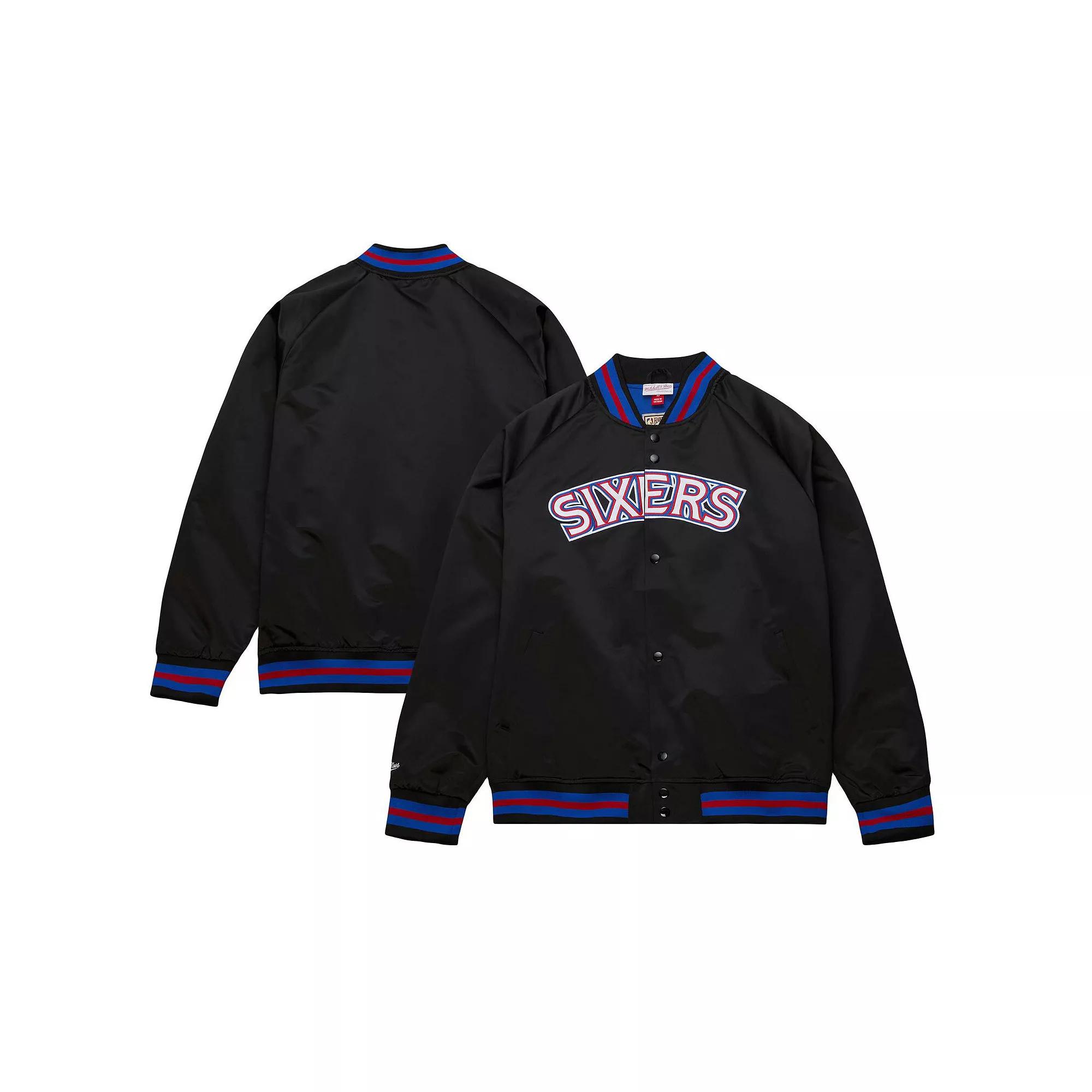 Men's Mitchell & Ness Black Philadelphia 76ers Hardwood Classics Throwback Wordmark Raglan Full-Snap Jacket,  Product Image