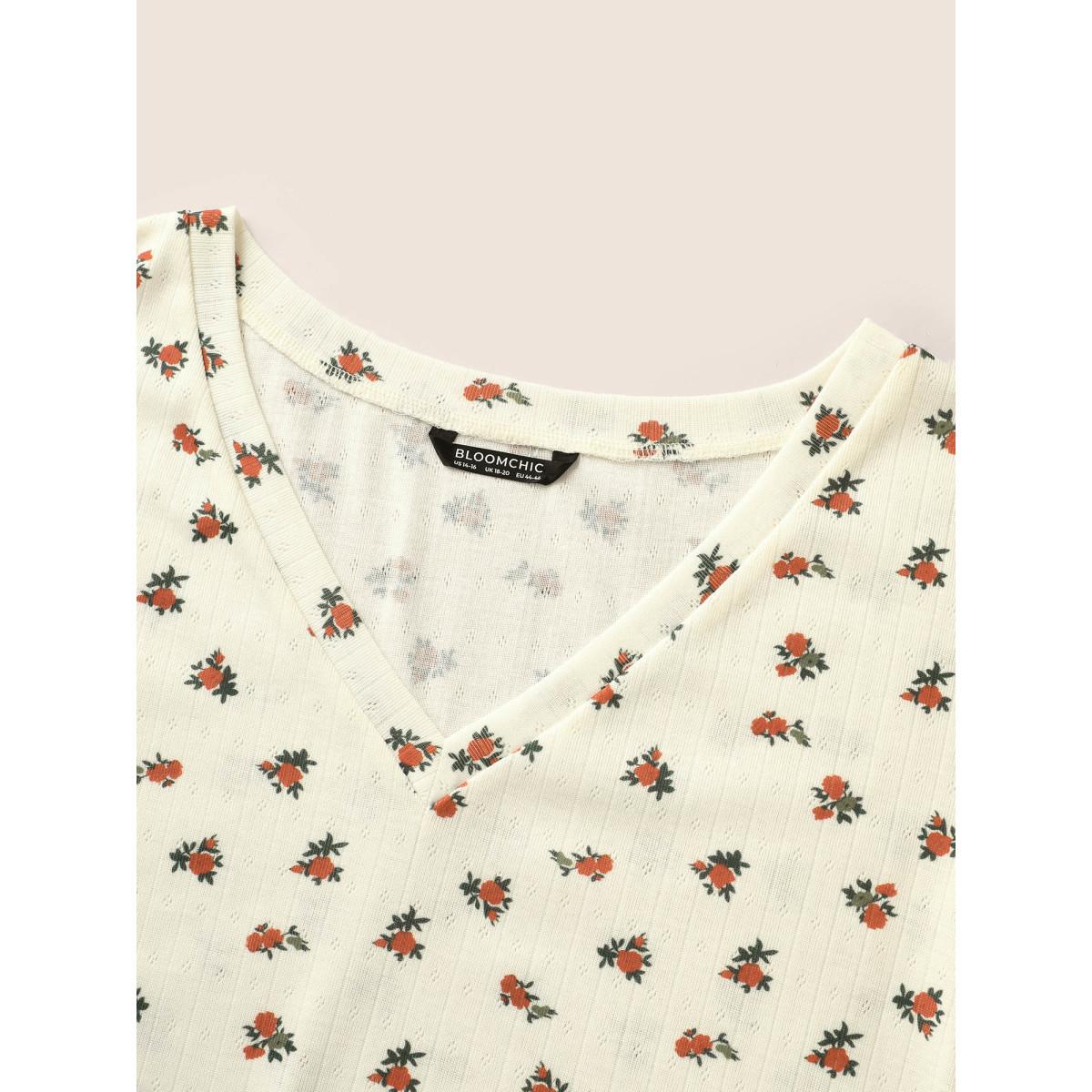 Plus Size Natural Flowers V Neck Flutter Sleeve T-shirt Beige Women Elegant Contrast Natural Flowers V-neck Everyday T-shirts BloomChic 26/4X Product Image