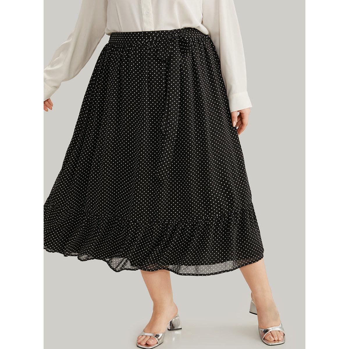 Plus Size Polka Dot Bowknot Ties Ruffles Skirt Women Black Office Lined No stretch Office Skirts BloomChic 26/4X Product Image