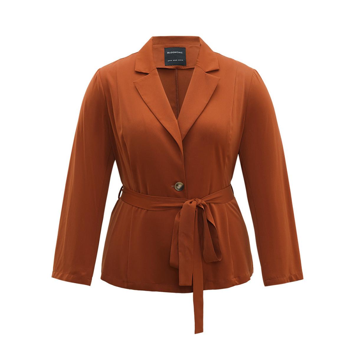 Plus Size Solid Belted Suit Collar Blazer Chocolate Women Dailywear Plain Plain Sleeve Long Sleeve Suit Collar 28/5X Belt Casual Blazers BloomChic Product Image