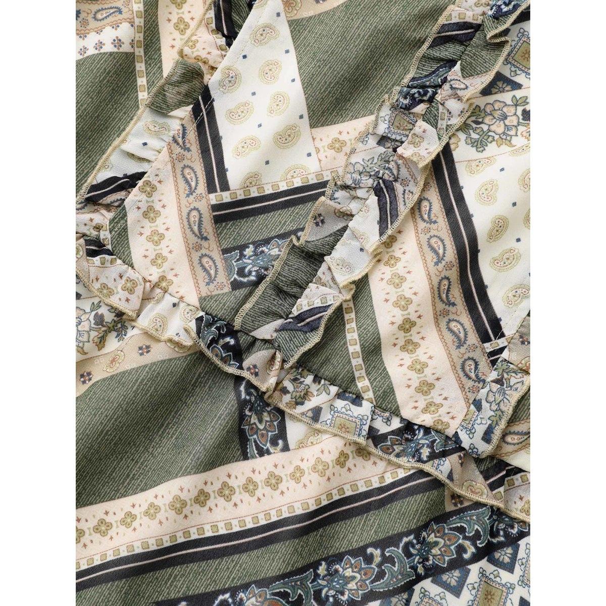 Plus Size Beige Bandana Print V Neck Ruffle Trim Blouse Women Elegant Long Sleeve V-neck Everyday Blouses BloomChic 22-24/3X Product Image