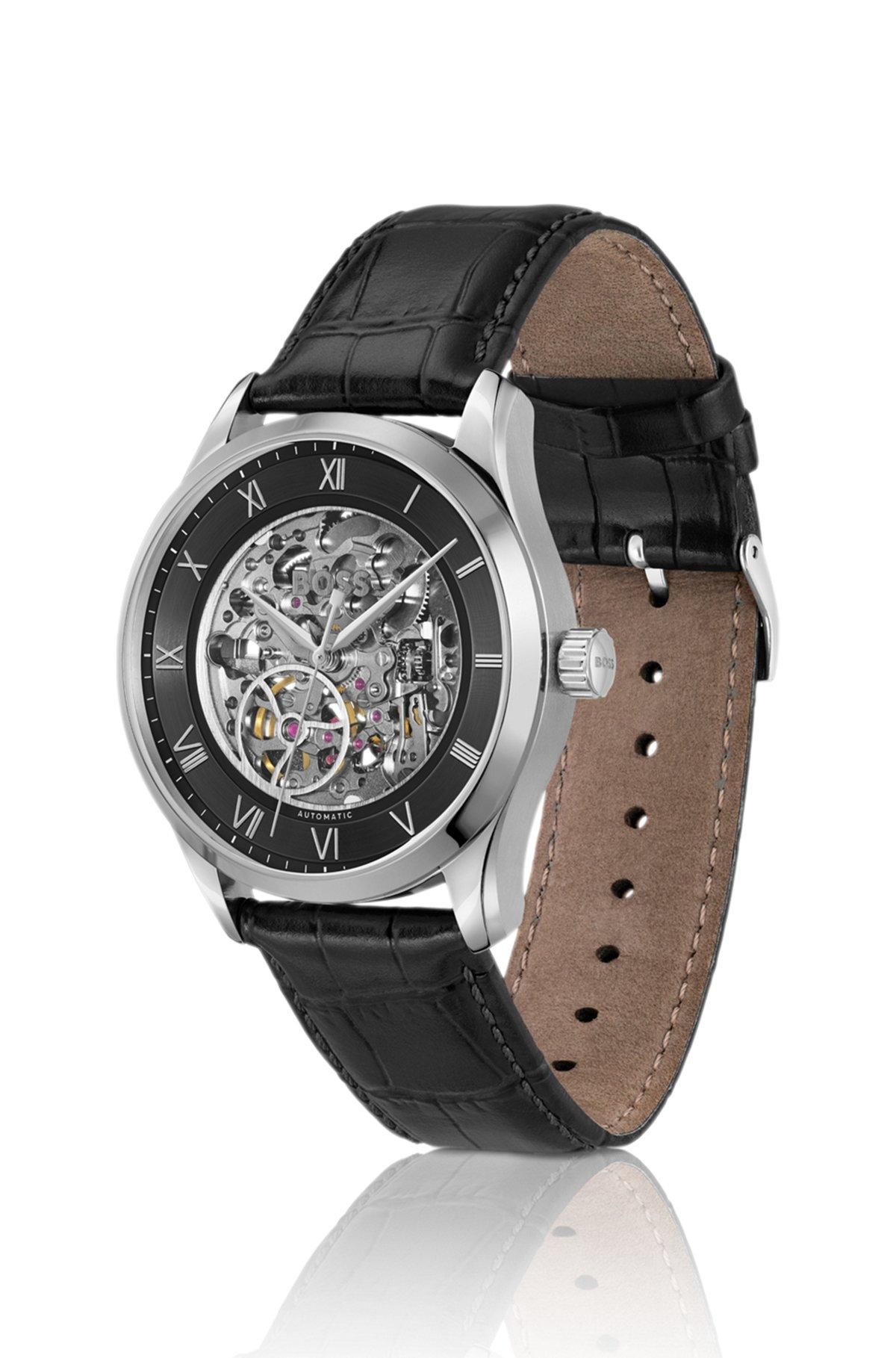 Leather-strap watch with skeleton Japanese automatic movement Product Image