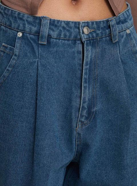 Forestier Mid Rise Barrel Leg Pin Tuck Jeans Mid Blue Product Image