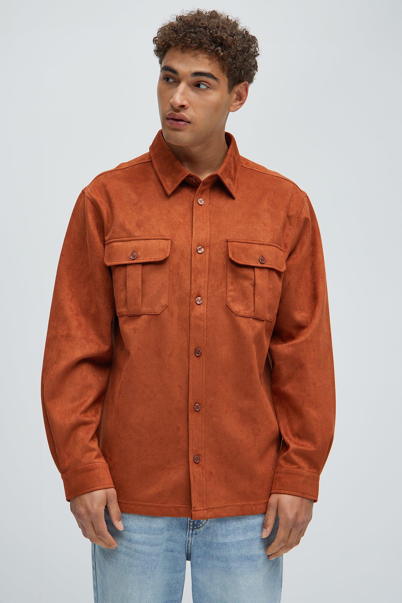 Ardee Faux Suede Button Up Shirt - Brown Product Image