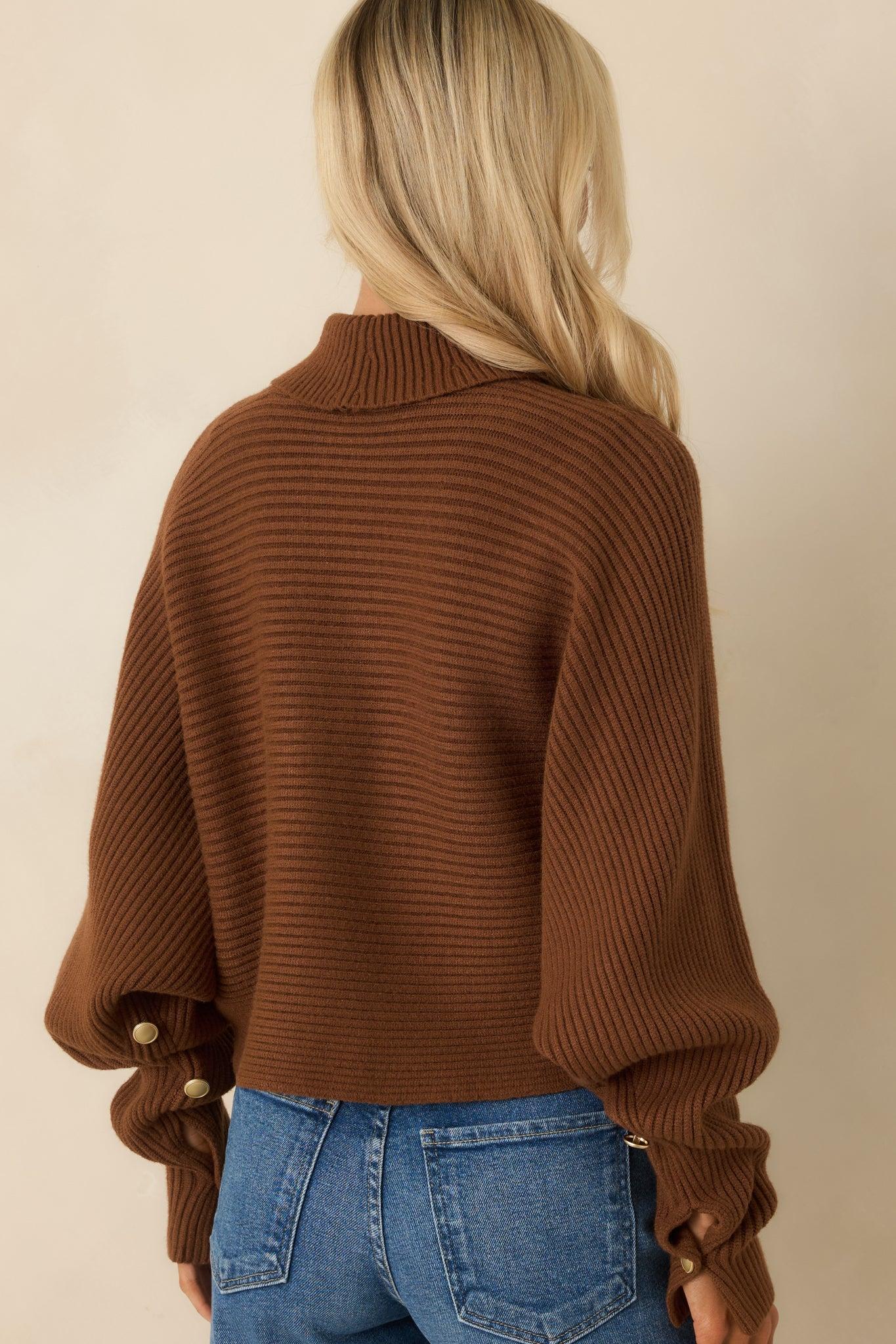 Polished Path Brown Ribbed Batwing Cropped Turtleneck Sweater Product Image