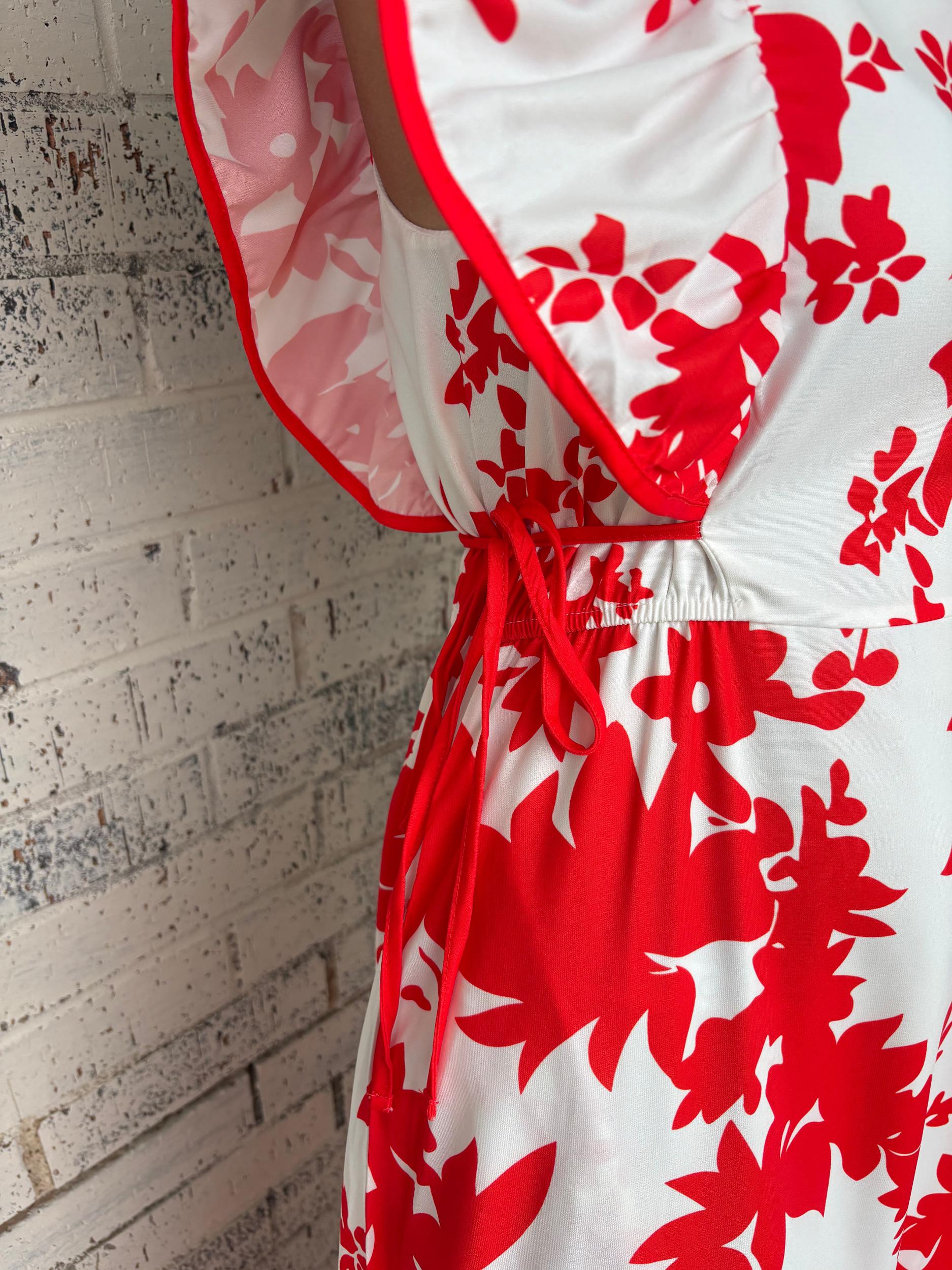 Floral Trimmed V-Neck Ruffle Sleeve Long Dress Product Image