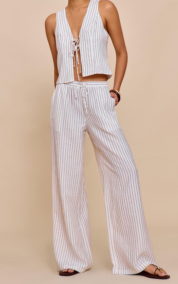 Cream Pinstriped Drawstring Wide Leg Pants Product Image