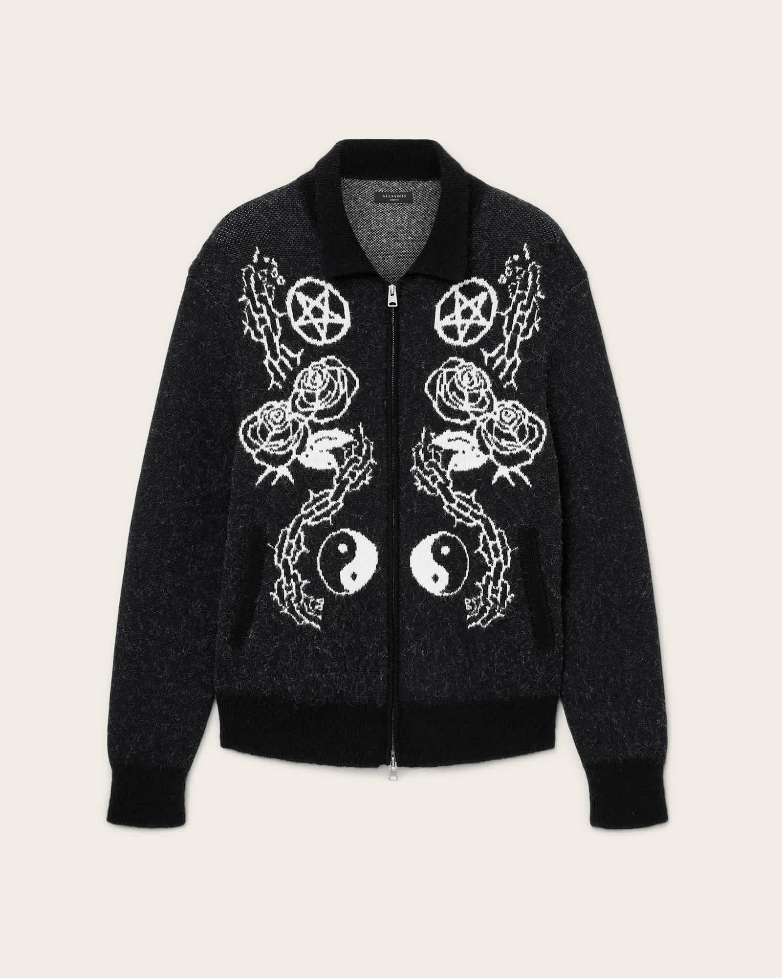 Warner Jacquard Wool Cardigan CINDER BLACK/WHITE | ALLSAINTS US Product Image