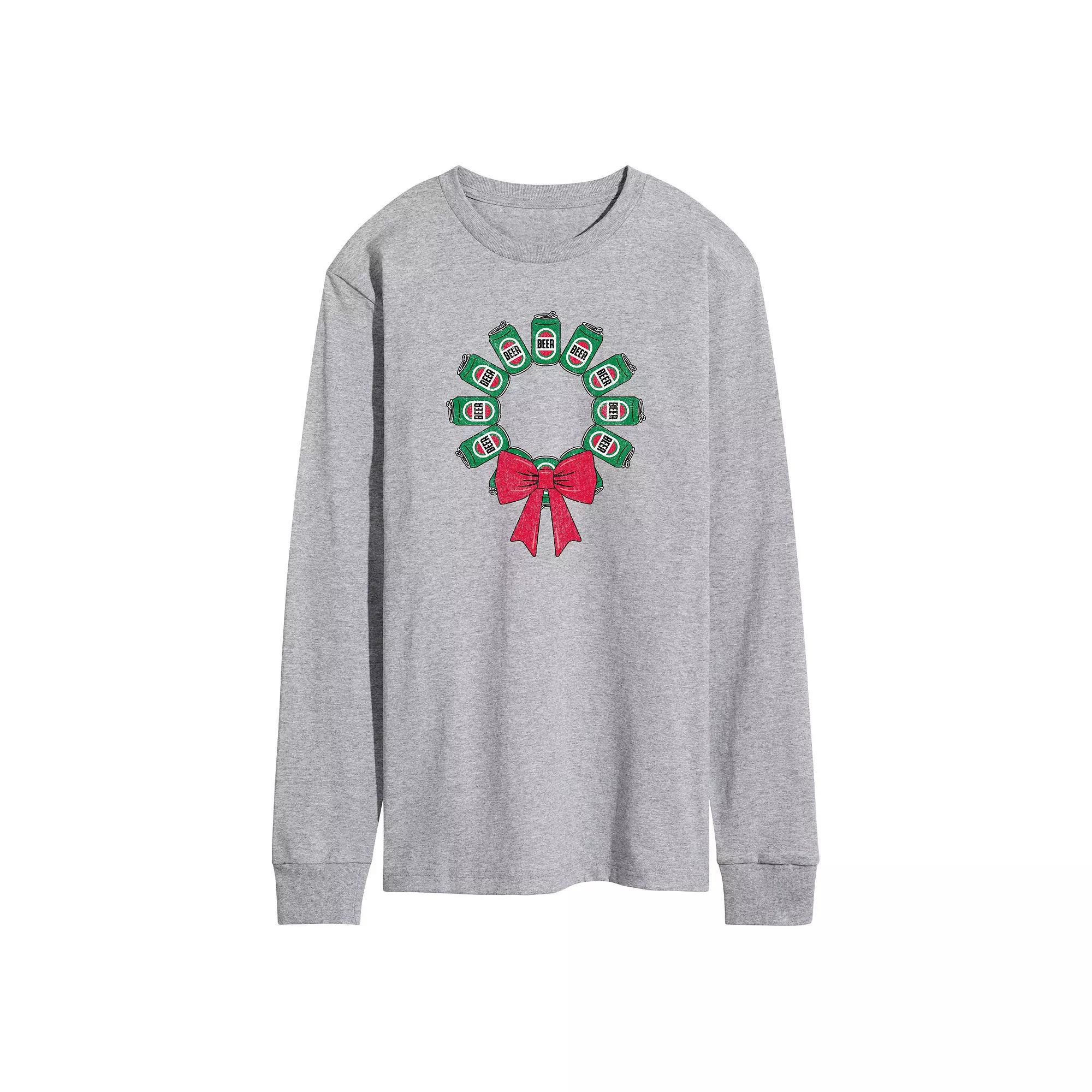 Men's Beer Christmas Wreath Long Sleeve Graphic Tee,  Product Image