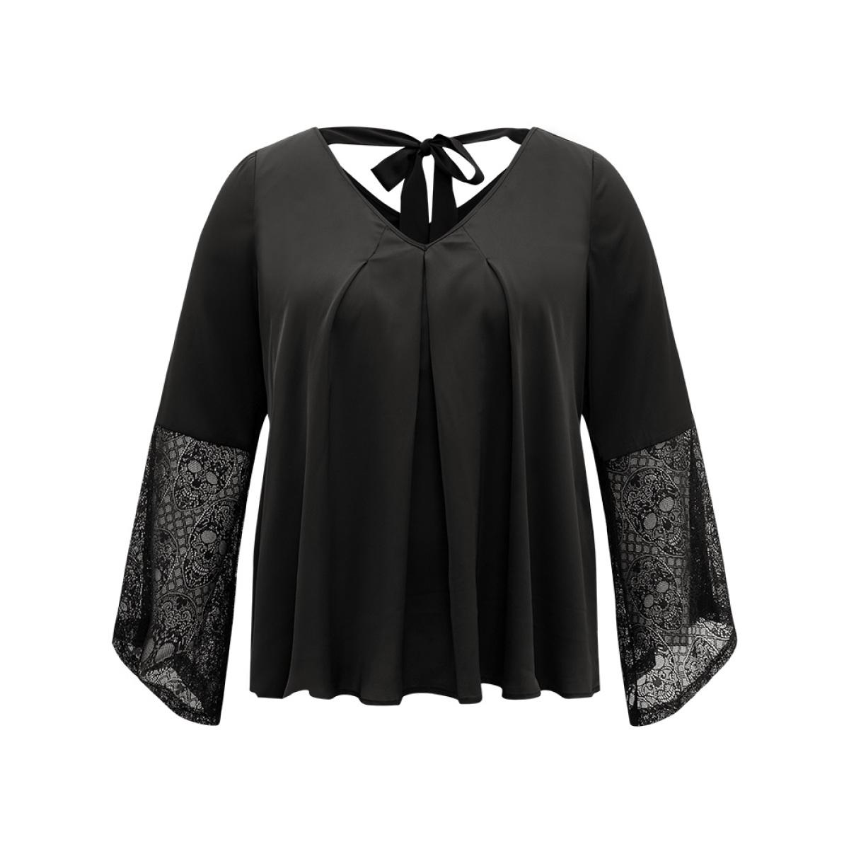 Plus Size Black Halloween Lace Patchwork Ties Bell Sleeve Blouse Women Elegant Long Sleeve V-neck Festival-Halloween Blouses BloomChic 22-24/3X Product Image