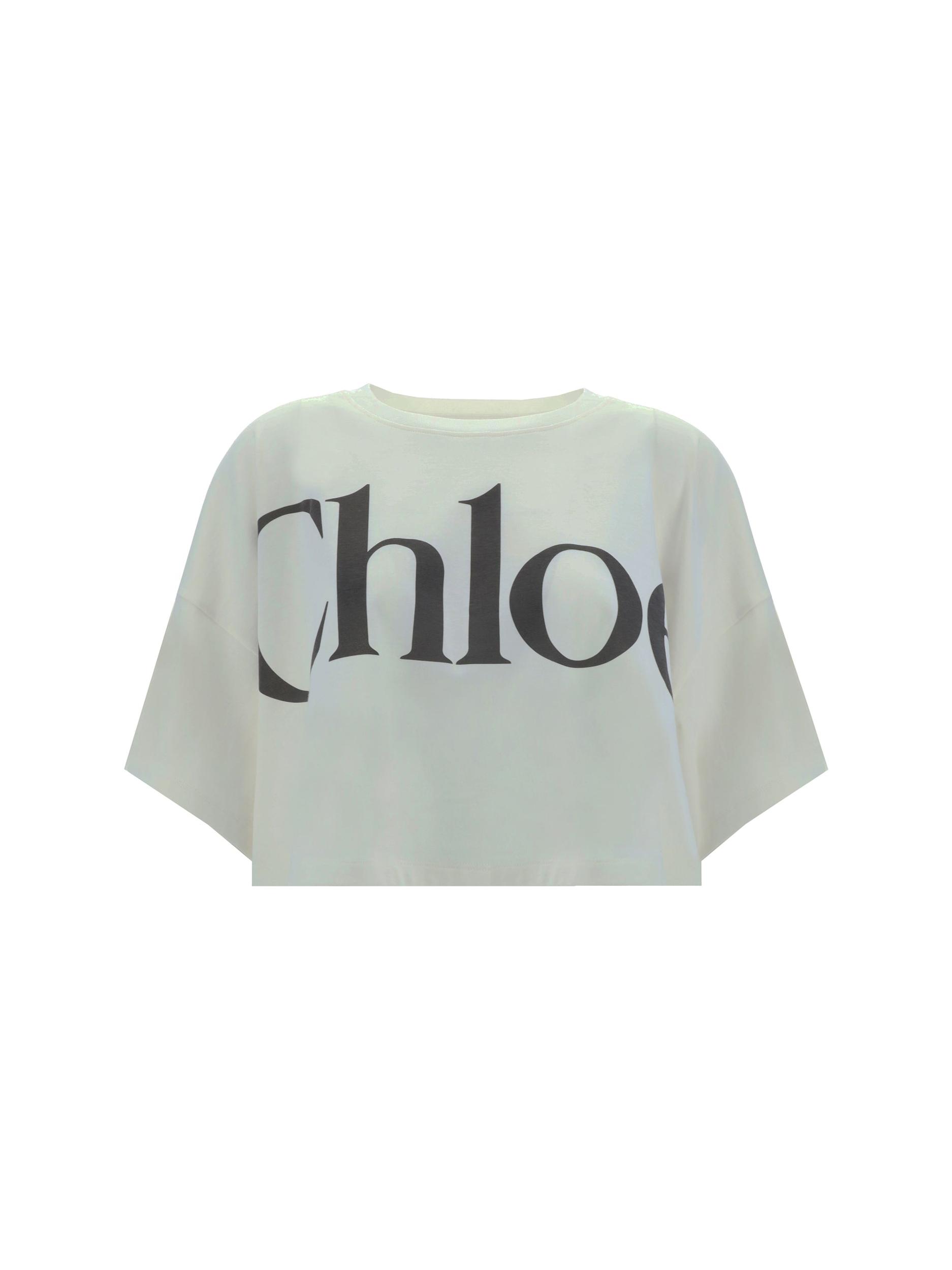 CHLOÉ White Cropped Crewneck T-shirt With Maxi Logo Print On The Front In Cotton Woman In Multicolor Product Image