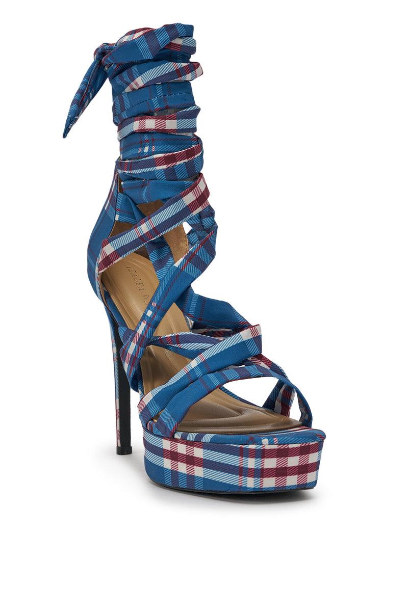 AZALEA WANG JEMISHA BLUE PLAID PRINT PLATFORM STRAPPY SANDAL Product Image