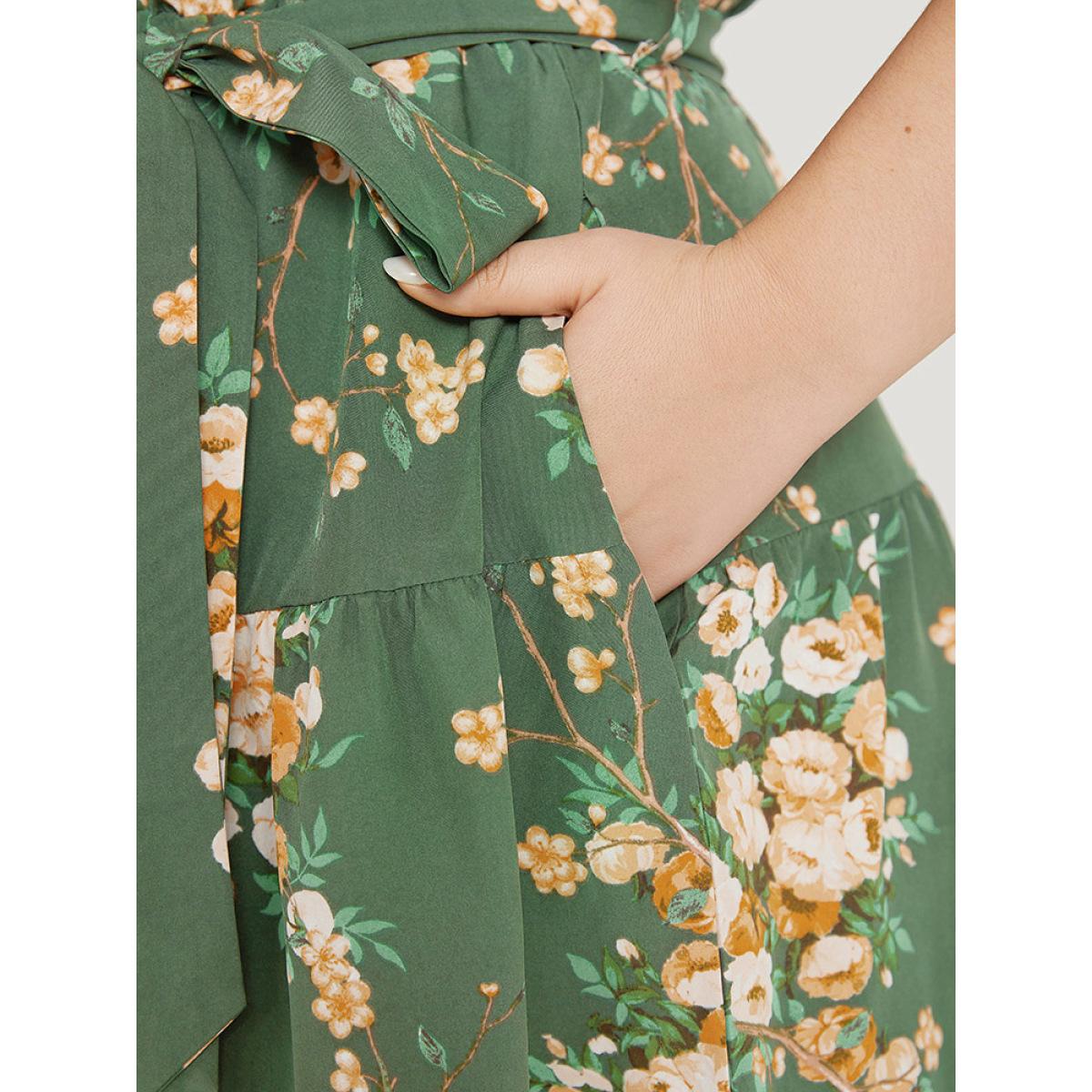 Plus Size Floral Print Wrap Belted Pocket Ruffle Hem Dress Green Women Elegant Lined V-neck Short sleeve Curvy Midi Dress BloomChic 18-20/2X Product Image