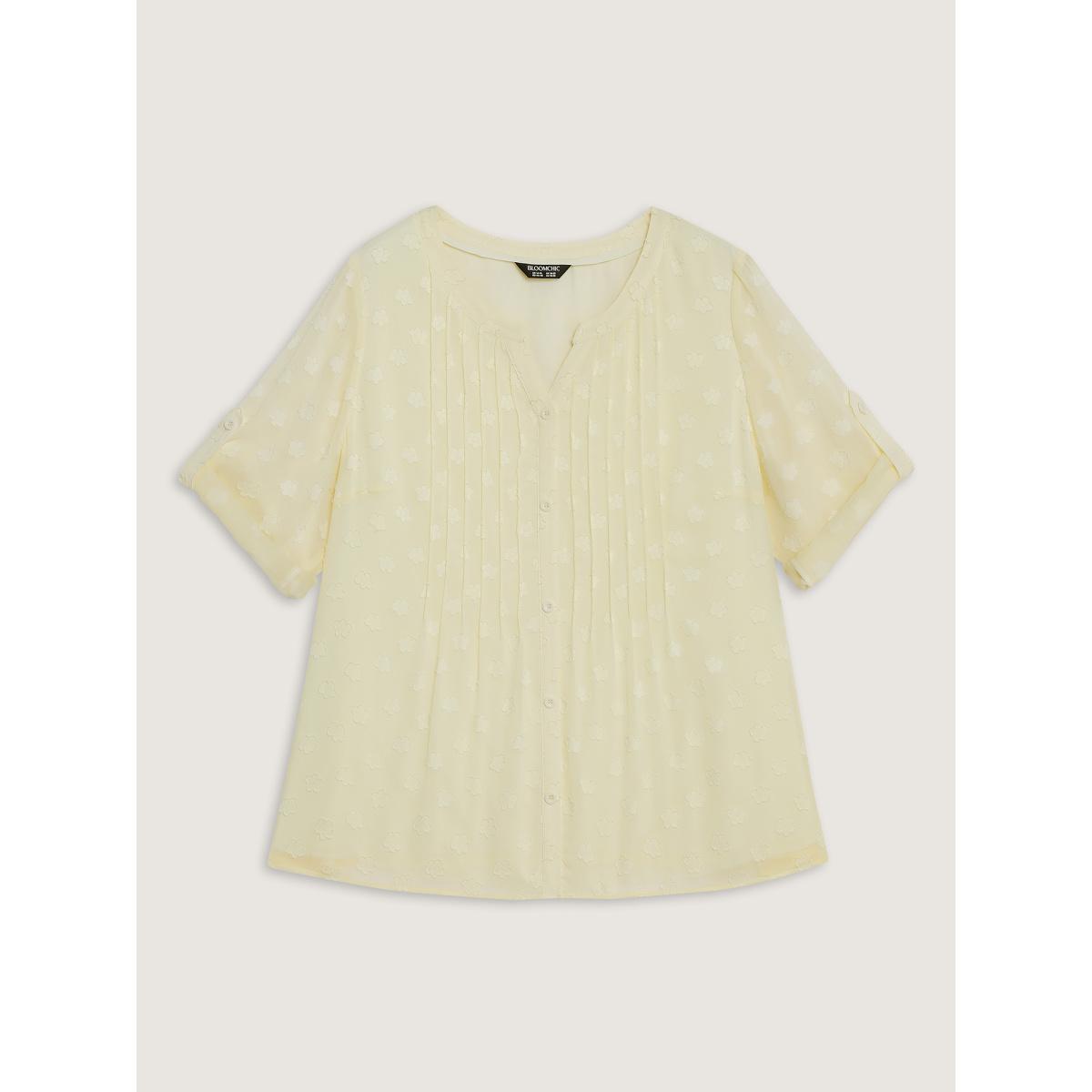 Plus Size Beige Color Contrast Button Placket Blouse Women Romantic Elbow-length sleeve Flat collar with V-notch Elegant Blouses BloomChic 22-24/3X Product Image