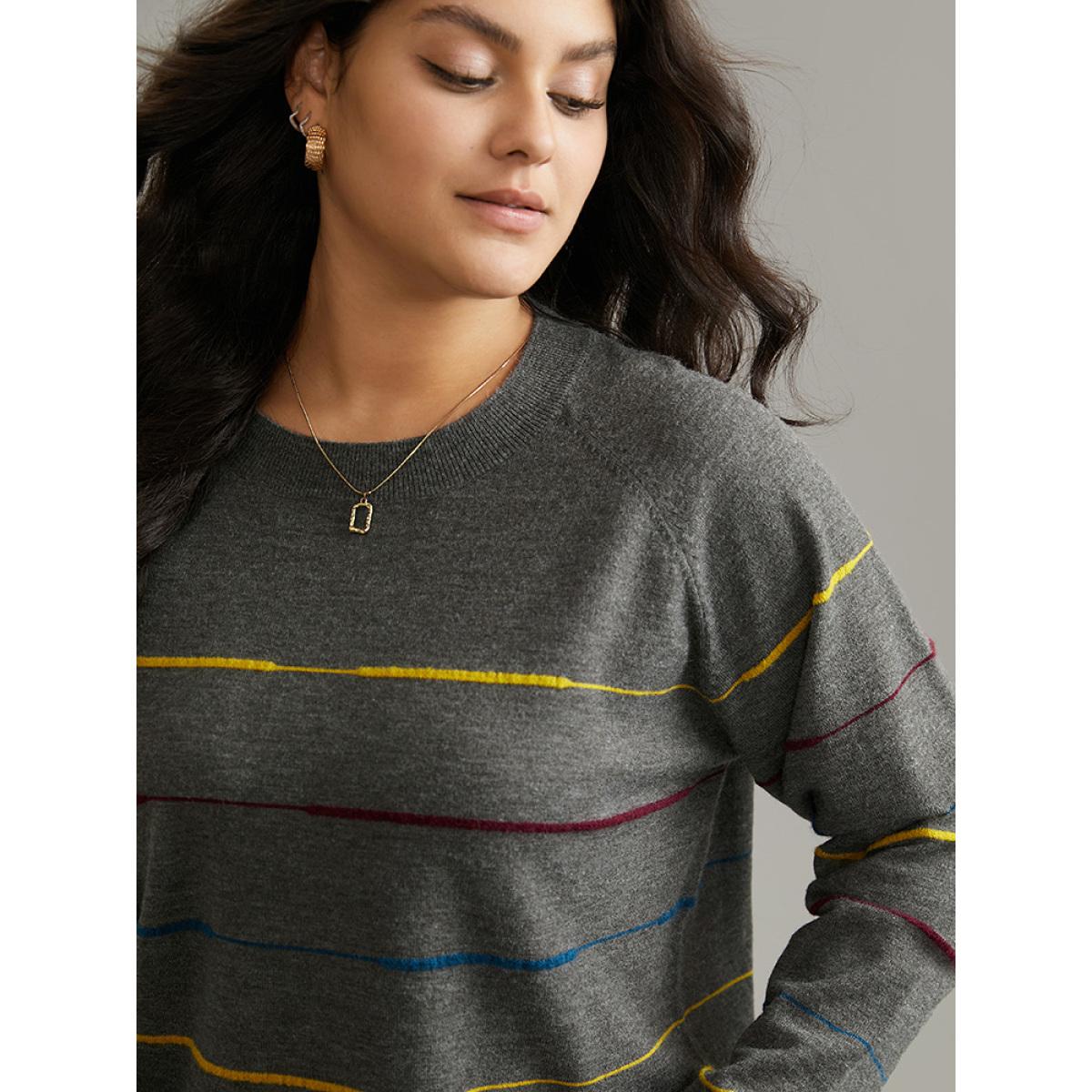 Plus Size Anti-Pilling Contrast Pinstripe Raglan Sleeve Pullover DimGray Women Casual Loose Long Sleeve Round Neck Dailywear Pullovers BloomChic 12/L Product Image