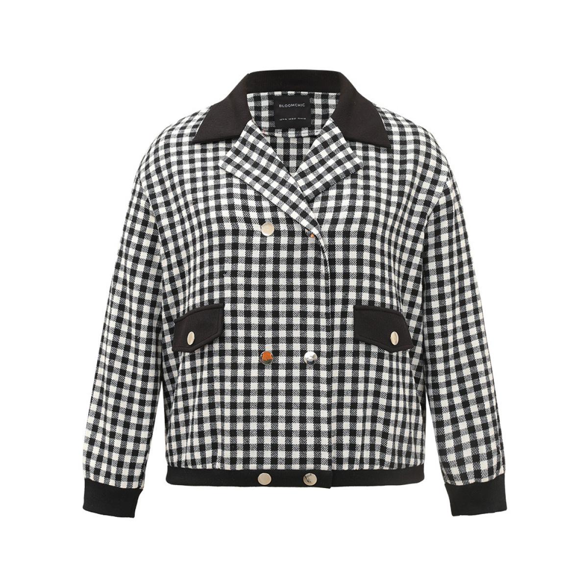 Plus Size Gingham Patchwork Double Breasted Jacket Women Black Elastic cuffs Dailywear Jackets BloomChic 30/6X Product Image