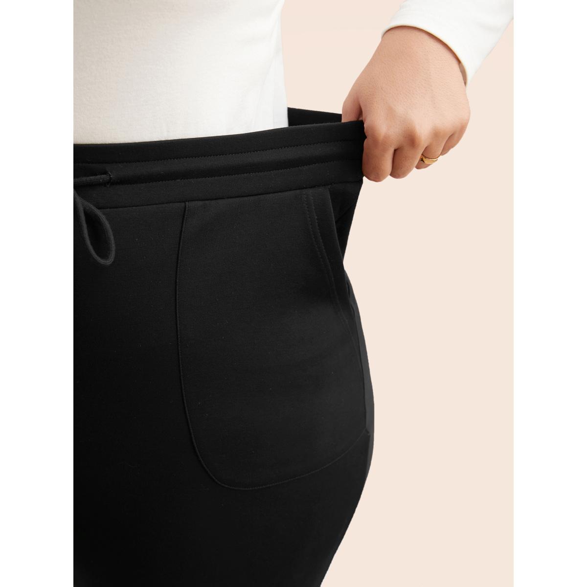 Plus Size Plain Drawstring Medium Stretch Pants Women Black Casual Mid Rise Everyday Pants BloomChic 18-20/2X Product Image