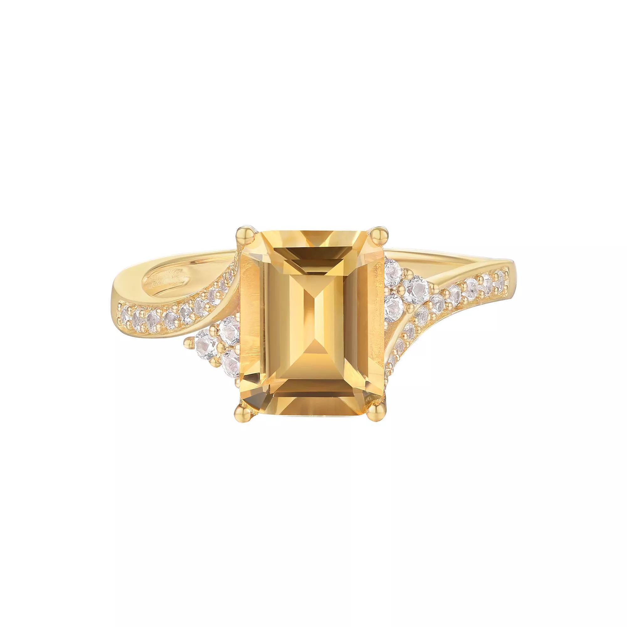 14k Gold Over Silver Emerald-Cut Citrine & Lab-Created White Sapphire Ring, Women's, Size: 7, Gold Tone Product Image