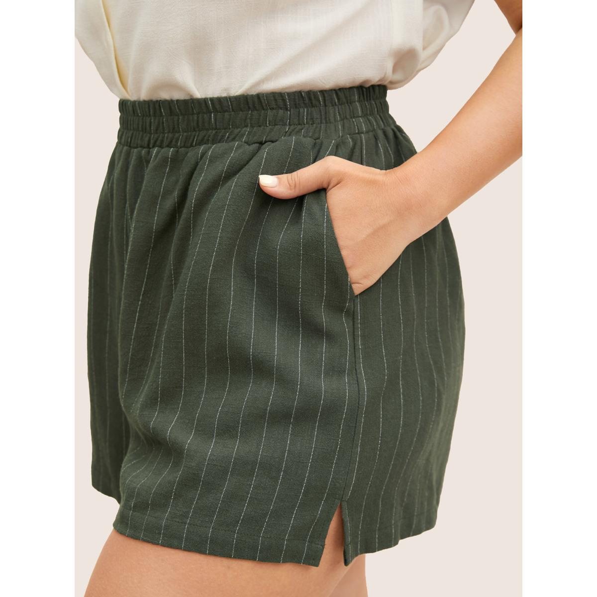 Plus Size Linen Blend Striped Split Side Mid Rise Shorts Women ArmyGreen Casual Slit Everyday Shorts BloomChic 18-20/2X Product Image