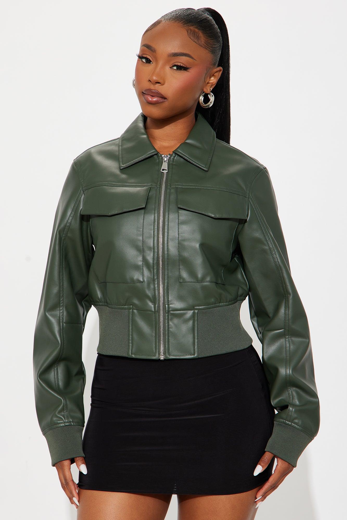 Jordyn Faux Leather Bomber Jacket - Olive Female Product Image