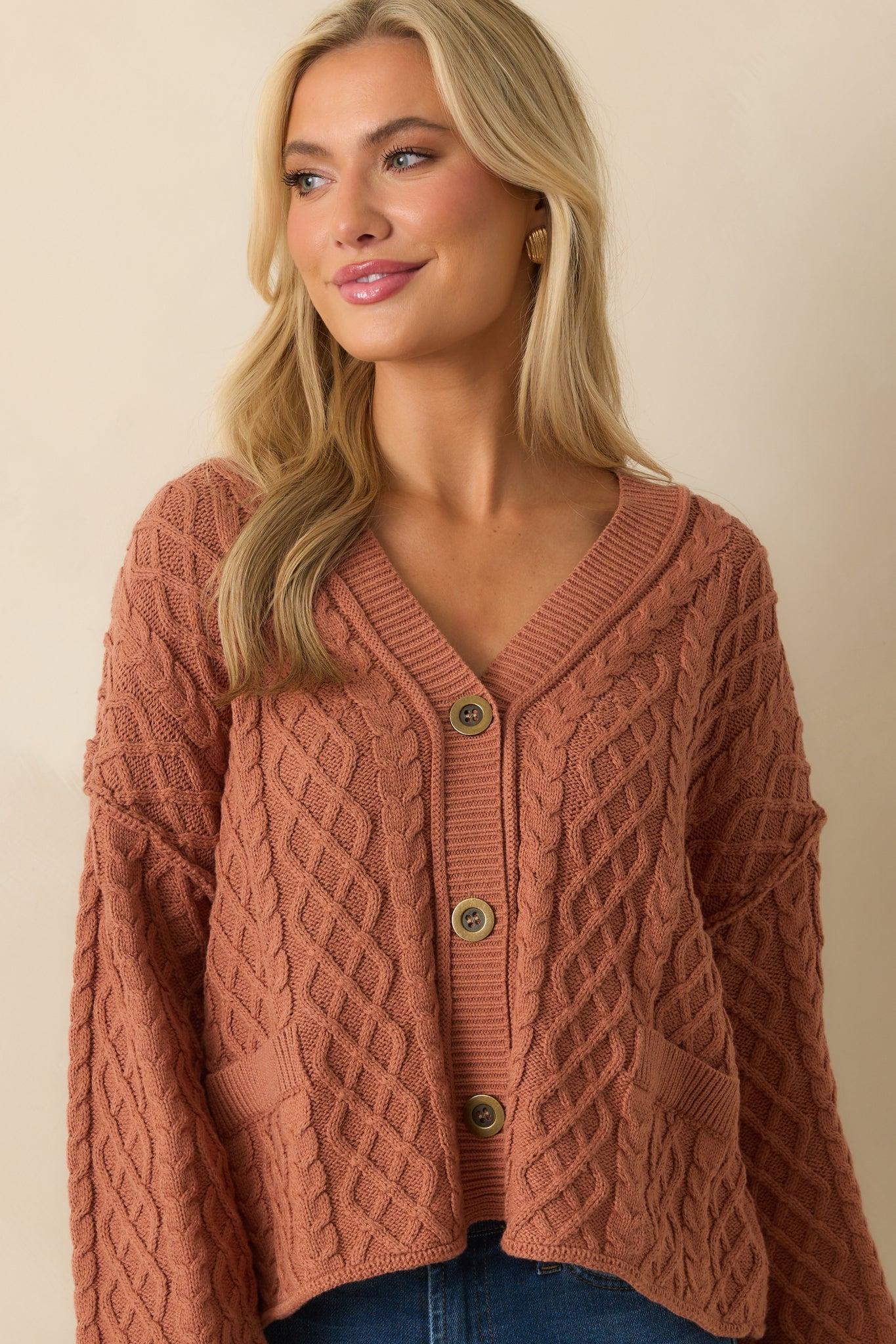 For Old Time’s Sake Terracotta Cable Knit Button Up Cardigan Product Image