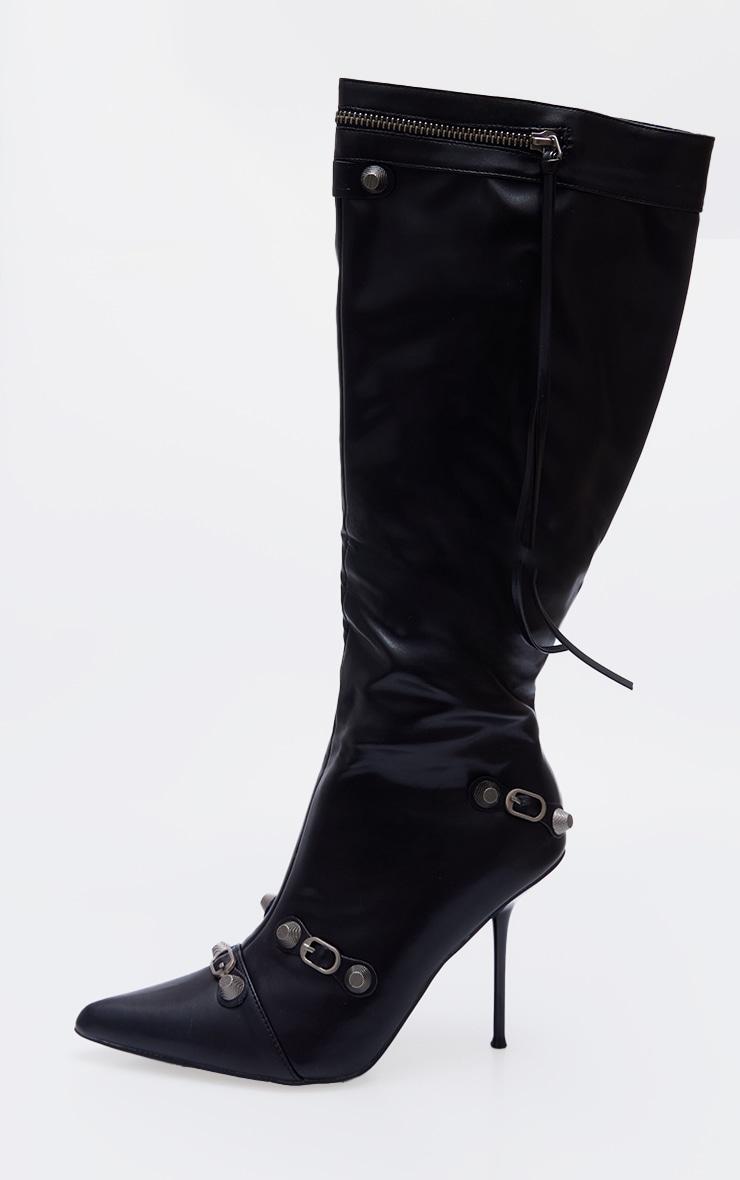 Black PU Zip Detail Point Toe High Heeled Knee Boots Product Image