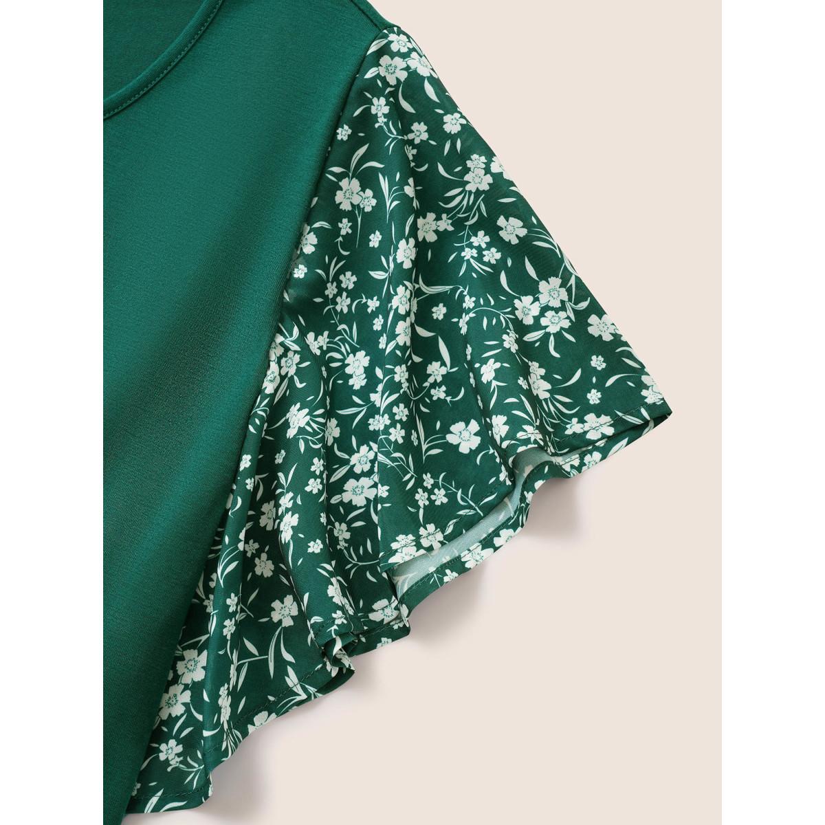 Plus Size Ditsy Floral Ruffle Sleeve Round Neck T-Shirt DarkGreen Women Elegant Ditsy Floral Everyday T-shirts BloomChic 12/L Product Image