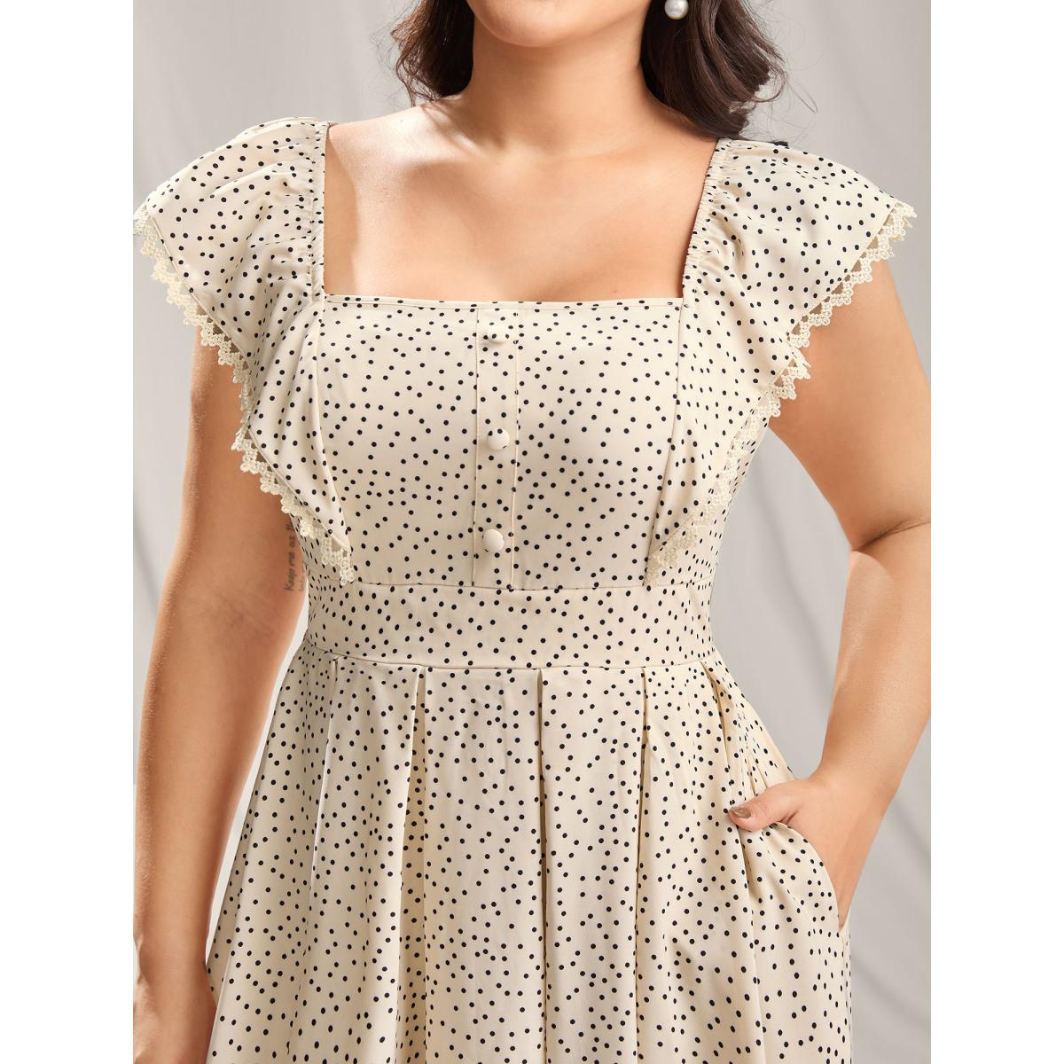 Plus Size Polka Dot Cinched-Waist Pockets Midi Dress Apricot Women Square Neck Cap Sleeve Curvy BloomChic 30/6X Product Image