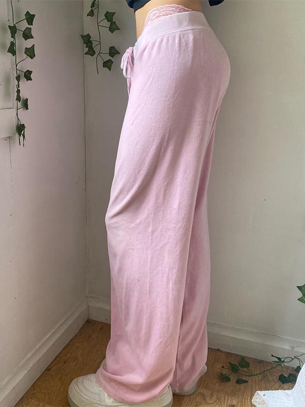 Letter Embroidered Print Drawstring Straight Leg Pants Product Image