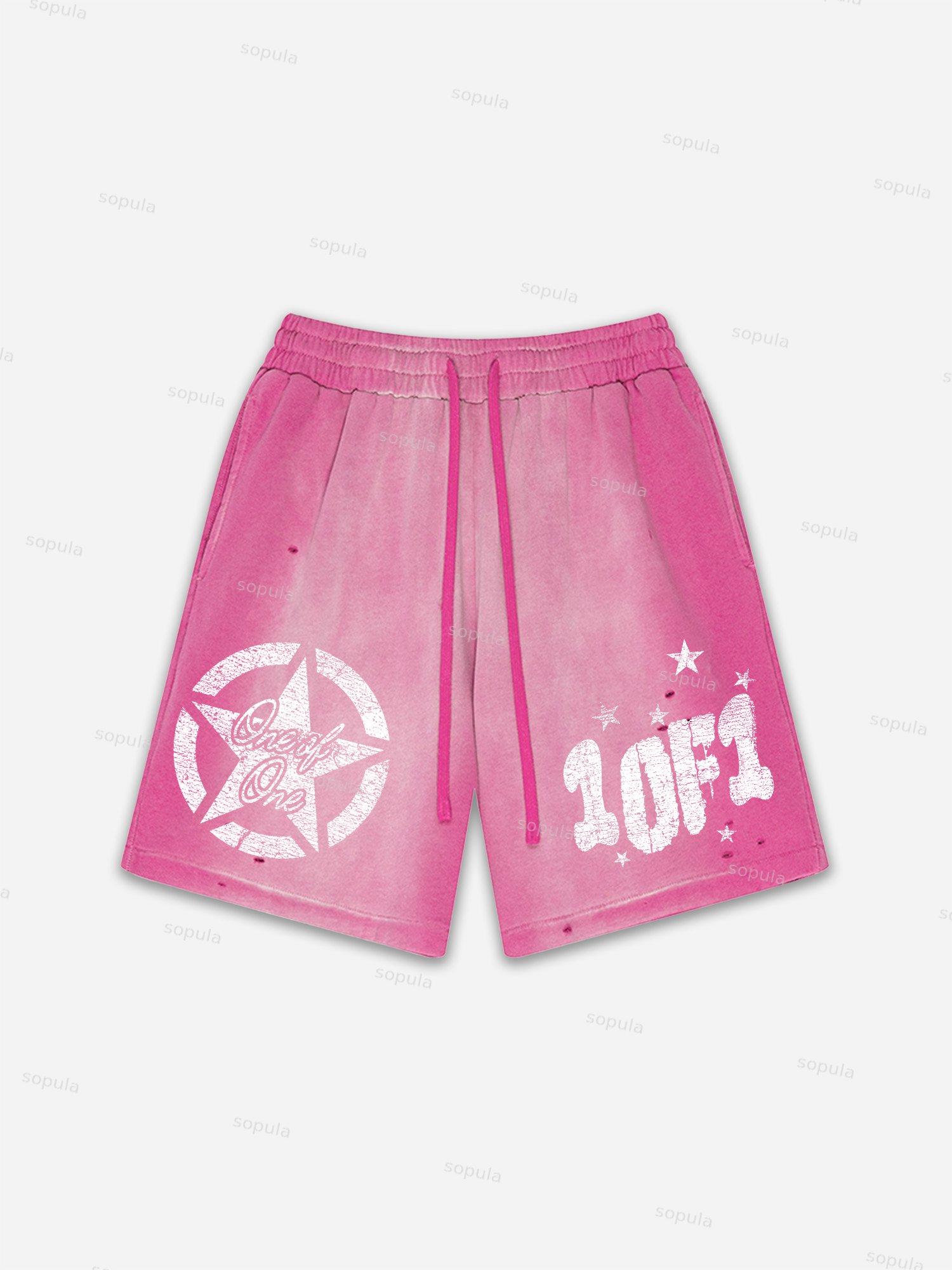 One Of One Star Print Vintage Washed Ripped Shorts Product Image