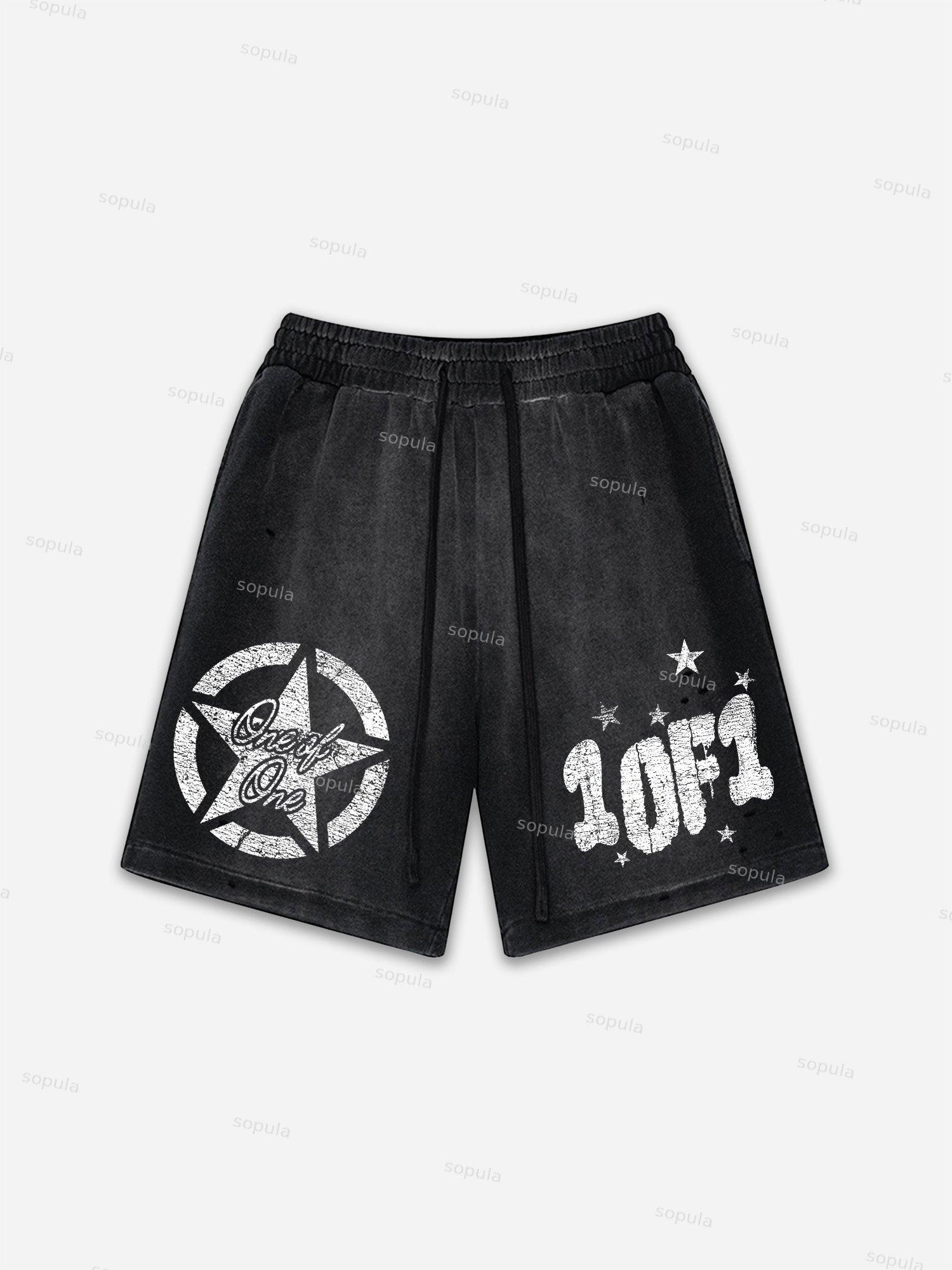 One Of One Star Print Vintage Washed Ripped Shorts Product Image