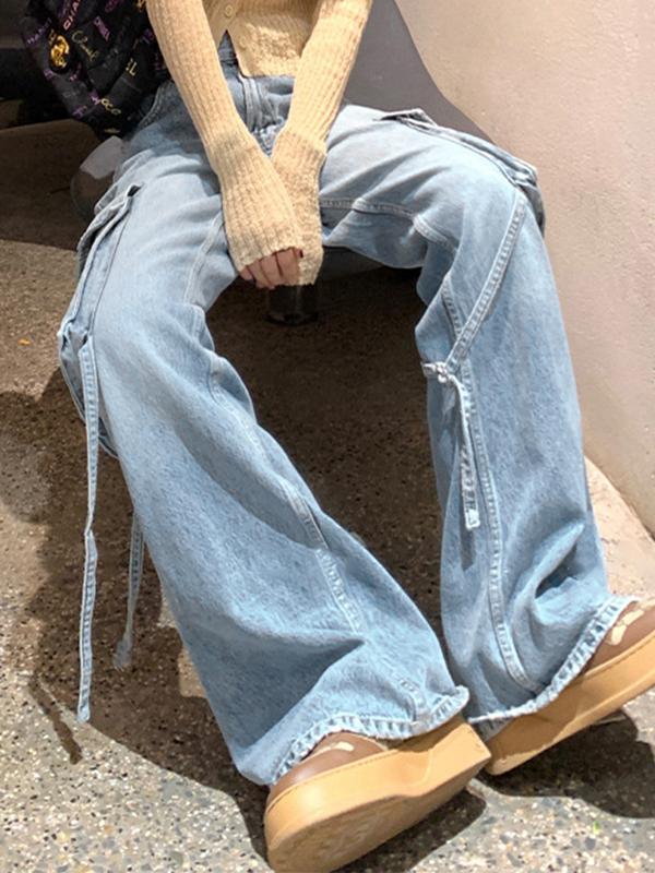 Light Wash Low Rise Big Pocket Cargo Jeans Product Image