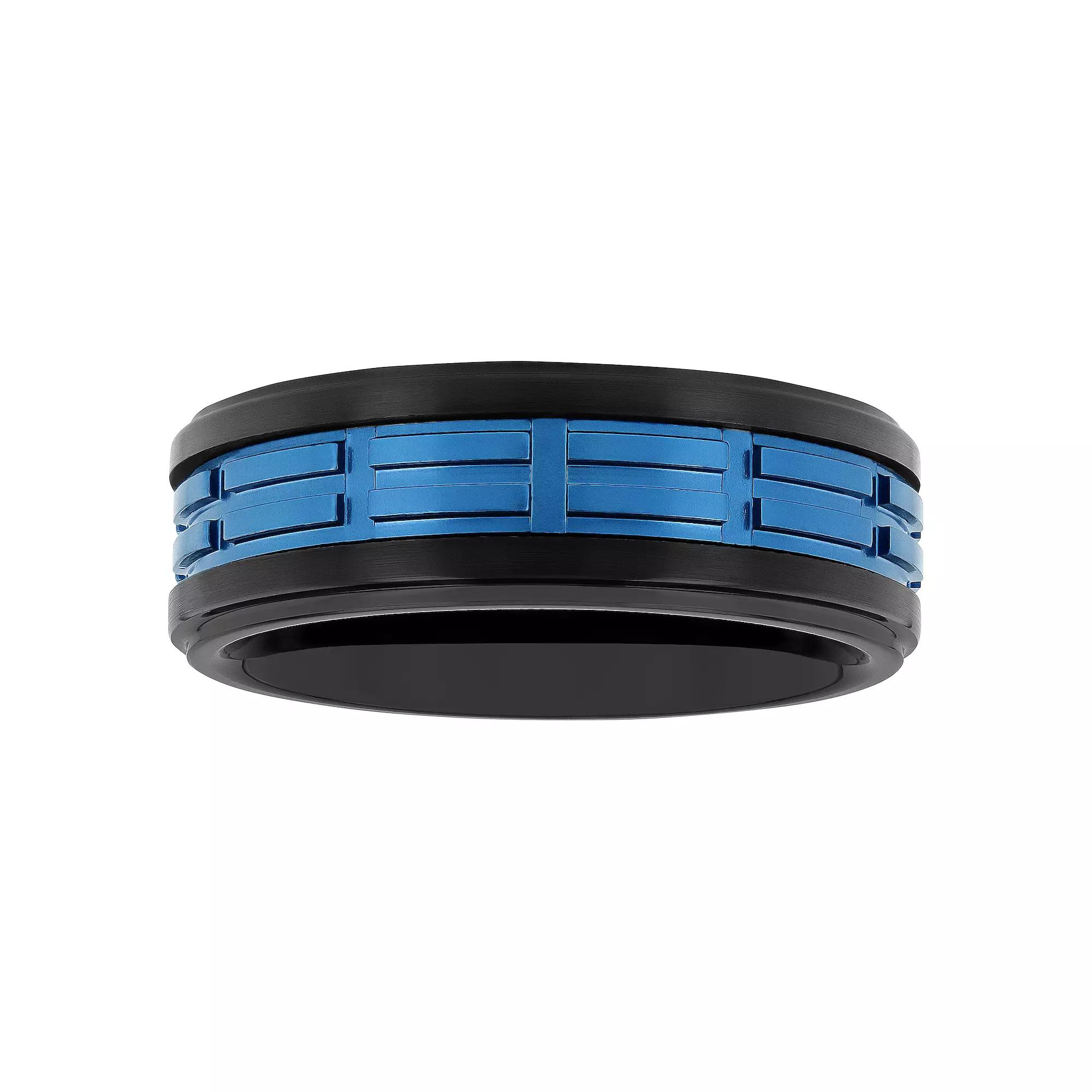 Men's Jewelry Nation Tantalum Black & Blue Ion Plated Grooved Fashion Wedding Band,  Product Image