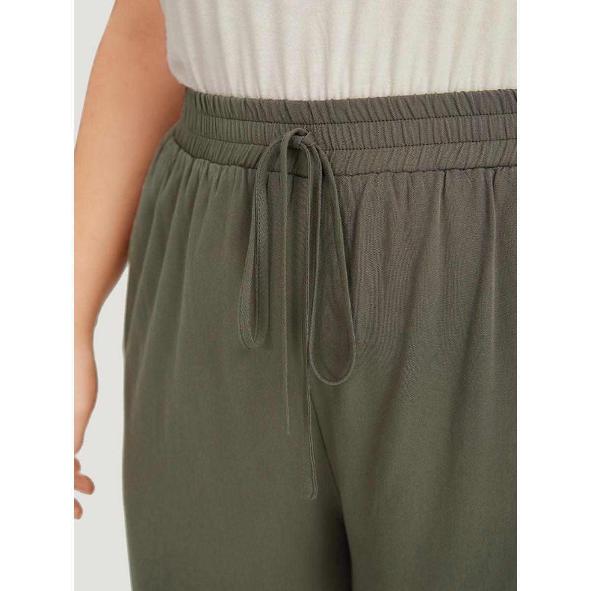 Plus Size Solid Elastic Waist Pocket Ties Pants Women ArmyGreen Casual Straight Leg High Rise Dailywear Pants BloomChic 14-16/1X Product Image