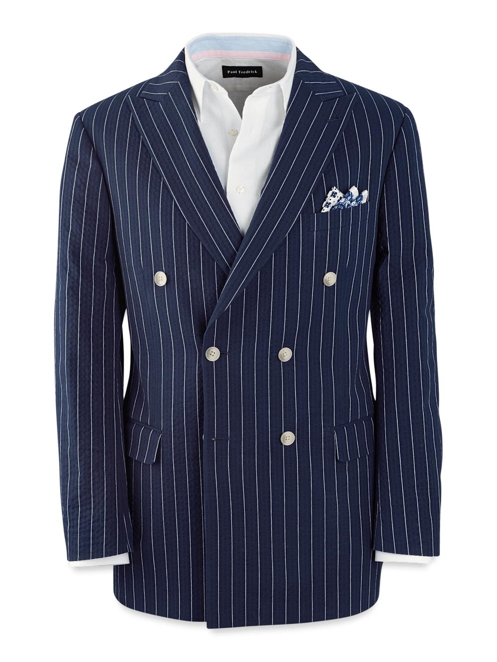 Cotton Stretch Pinstripe Seersucker Double Breasted Peak Lapel Suit Jacket - Navy Product Image