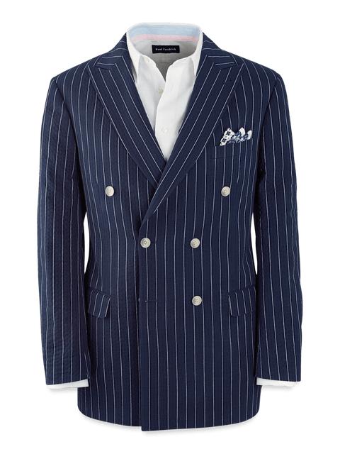Cotton Stretch Pinstripe Seersucker Double Breasted Peak Lapel Suit Jacket - Navy Product Image