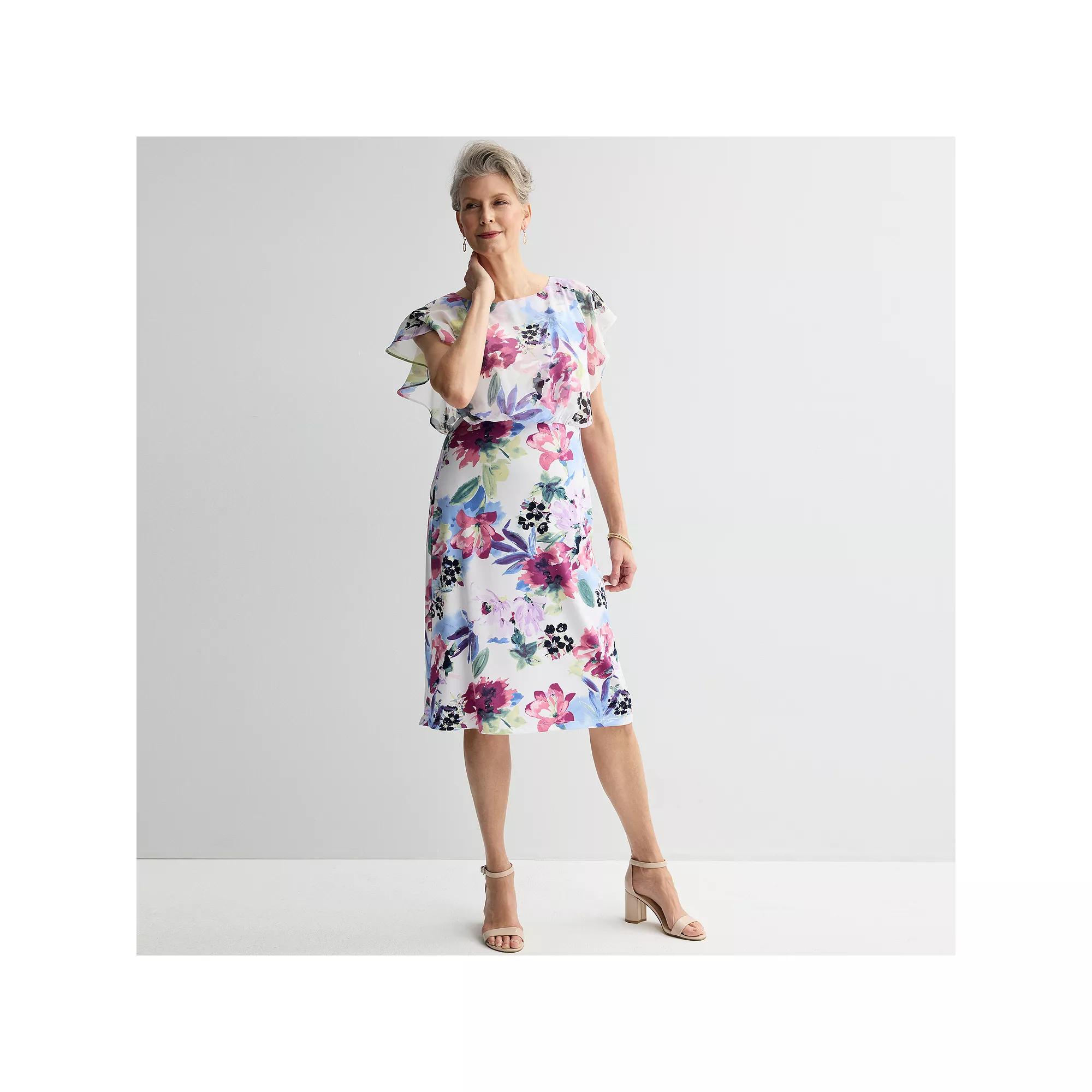 Women's Studio Connection Sheer Overlay Flutter Sleeve Midi Dress, Size: 8, Multi Floral Product Image