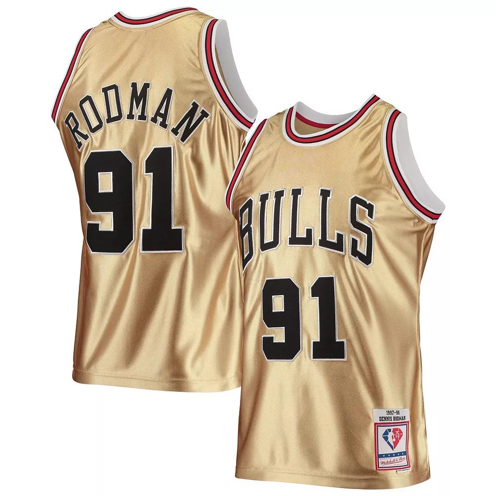 Men's Mitchell & Ness Dennis Rodman Gold Chicago Bulls 75th Anniversary 1997/98 Hardwood Classics Swingman Jersey, Size: Small Product Image